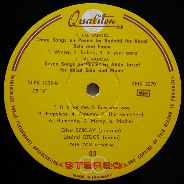 Qualiton LPX 1235 - Kadosa Pál, Tátrai Quartet, Erika Sziklay, L - Image 4