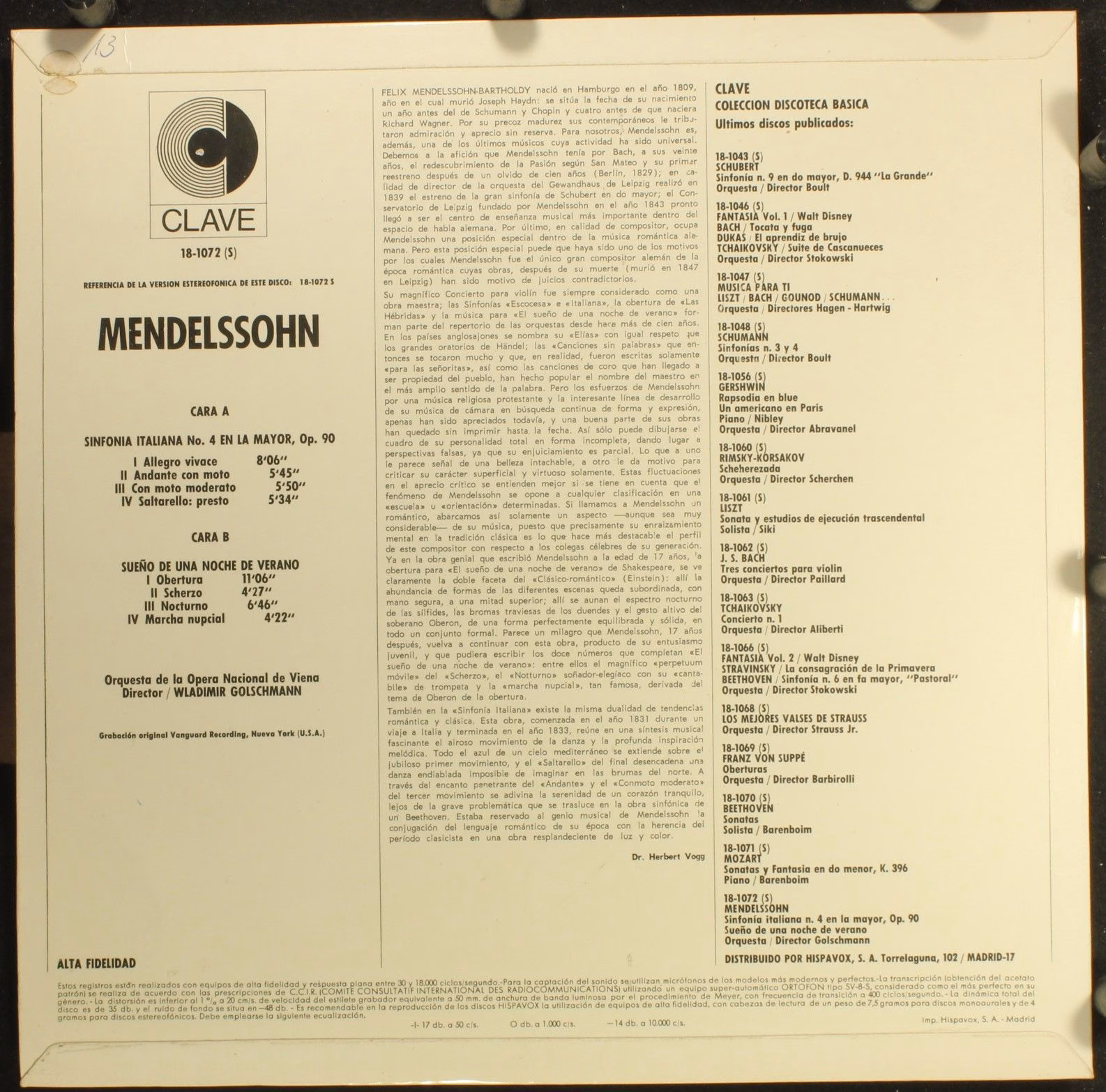 Clave 18-1072 S - Felix Mendelssohn-Bartholdy, Orchester Der Wie - Image 2