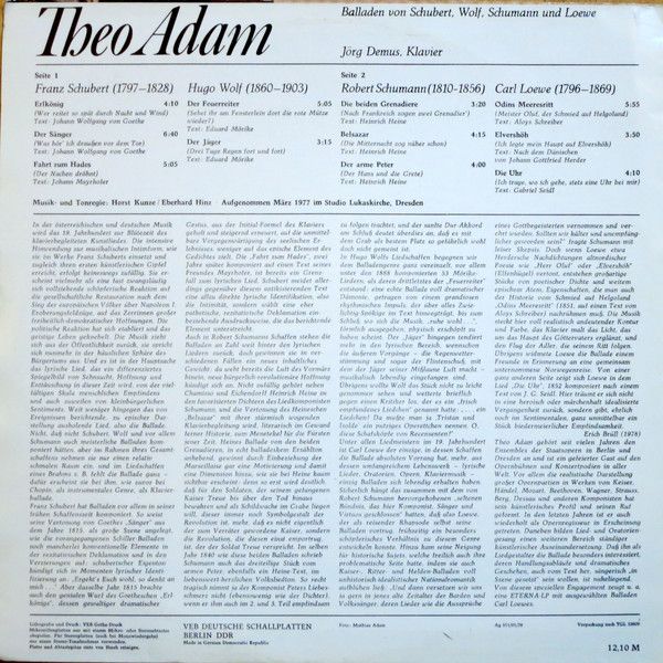 Eterna 8 27 073 - Theo Adam, Jörg Demus - Theo Adam singt Ballad - Image 2