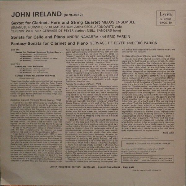 Lyrita SRCS. 59 - John Ireland, Melos Ensemble Of London, André - Image 2
