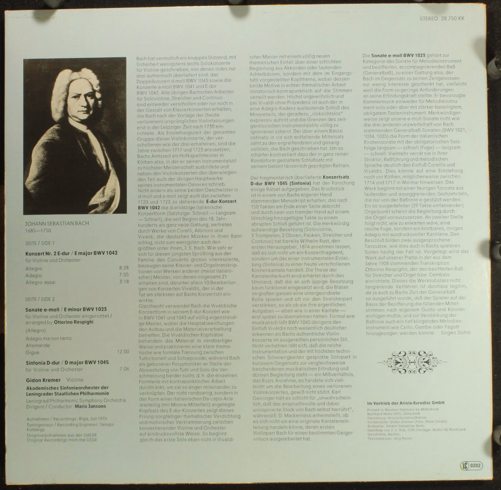 Eurodisc 28 750 KK - Gidon Kremer, Johann Sebastian Bach, Lening - Image 2