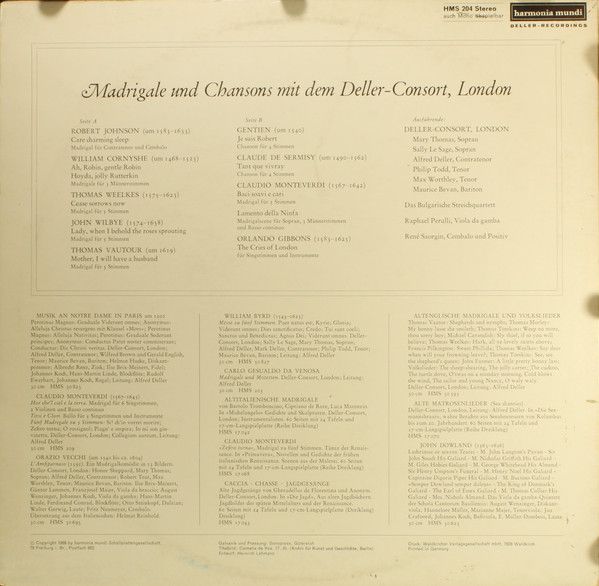 Harmonia Mundi HMS 204 - Deller Consort - Madrigale & Chansons - Image 2