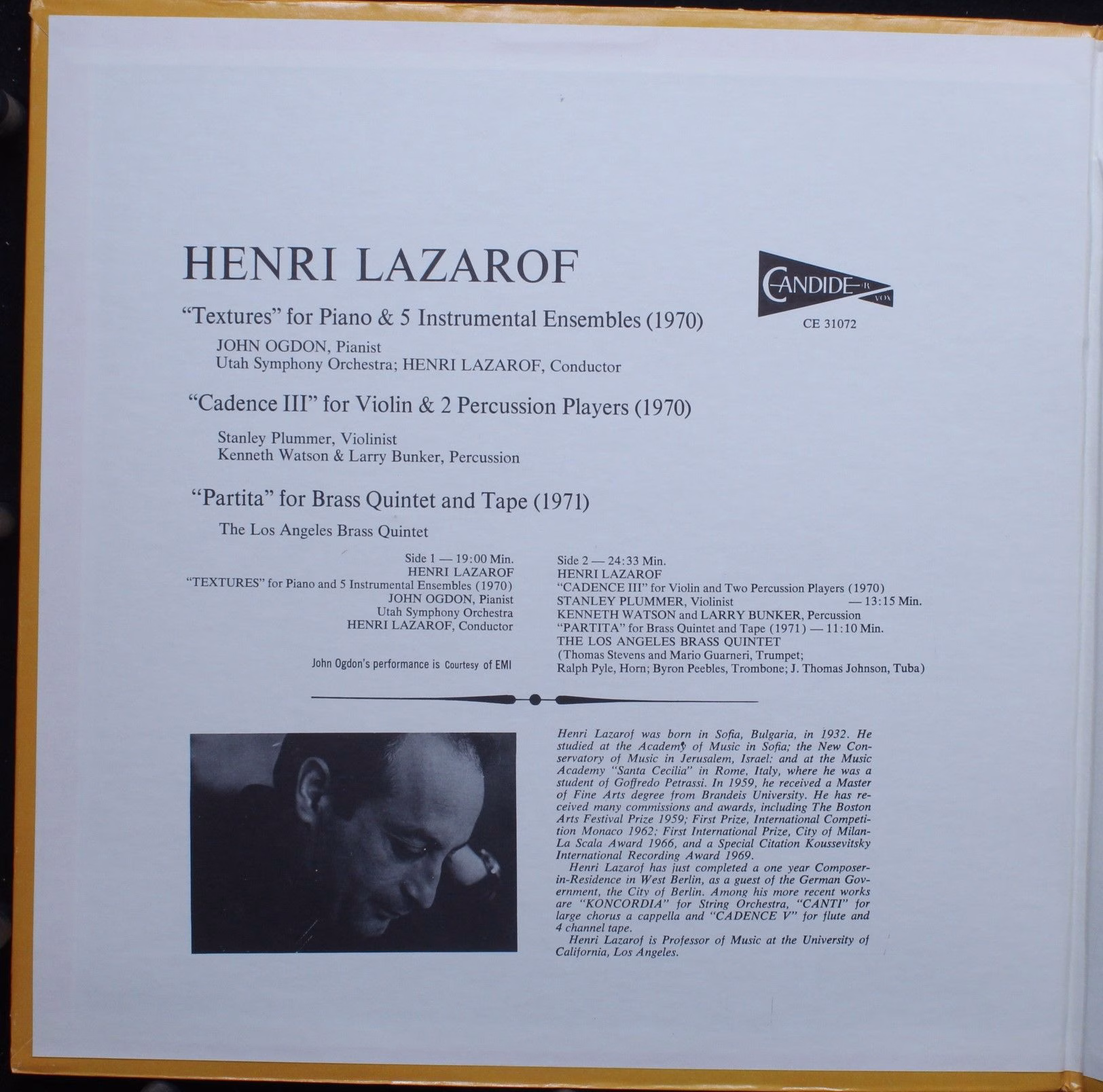 Candide CE 31072 - Henri Lazarof - Textures/Cadence III/Partita - Image 2