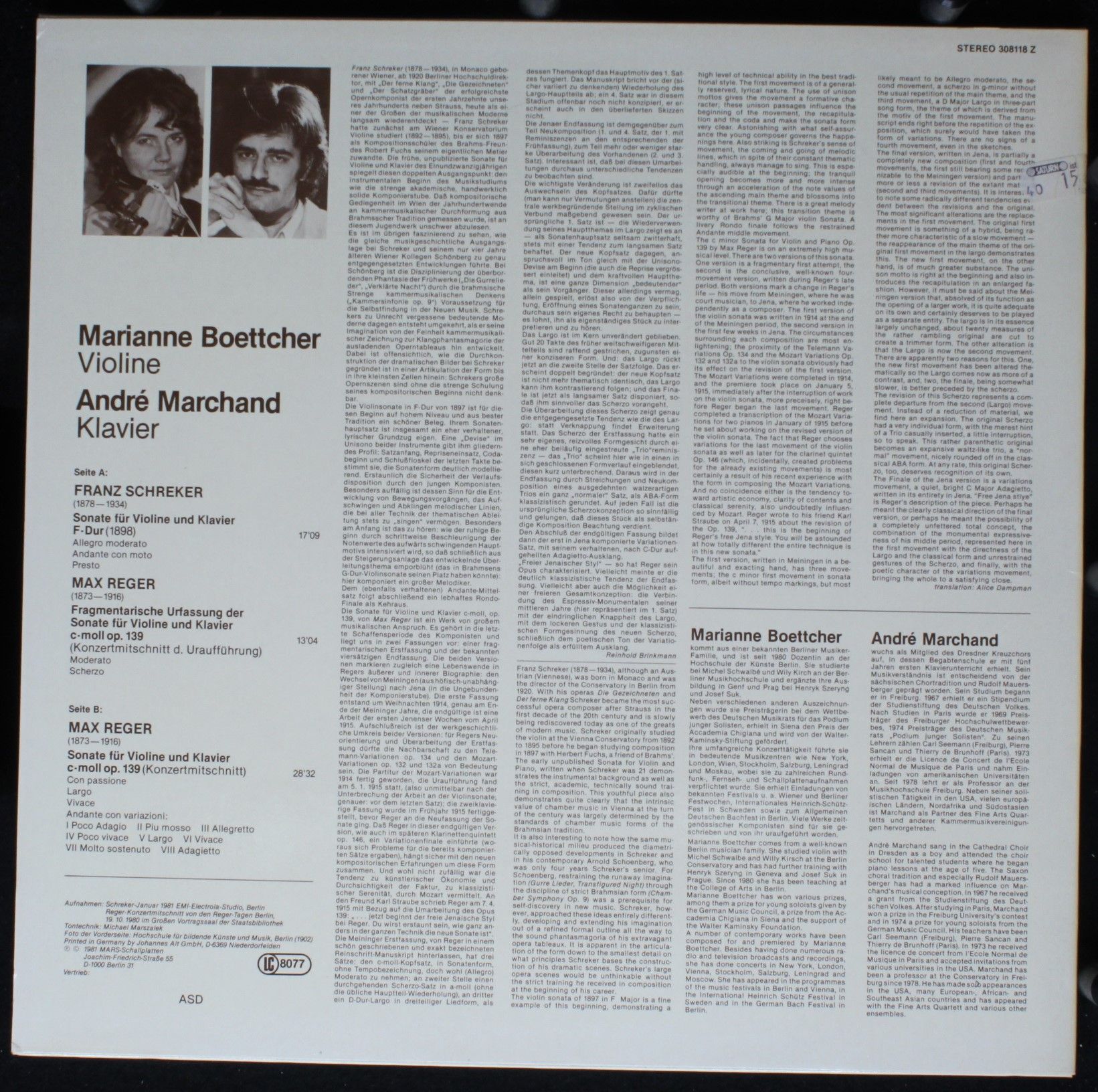 Mars (8) 308 118 Z - Franz Schreker, Max Reger, Marianne Boettch - Image 2