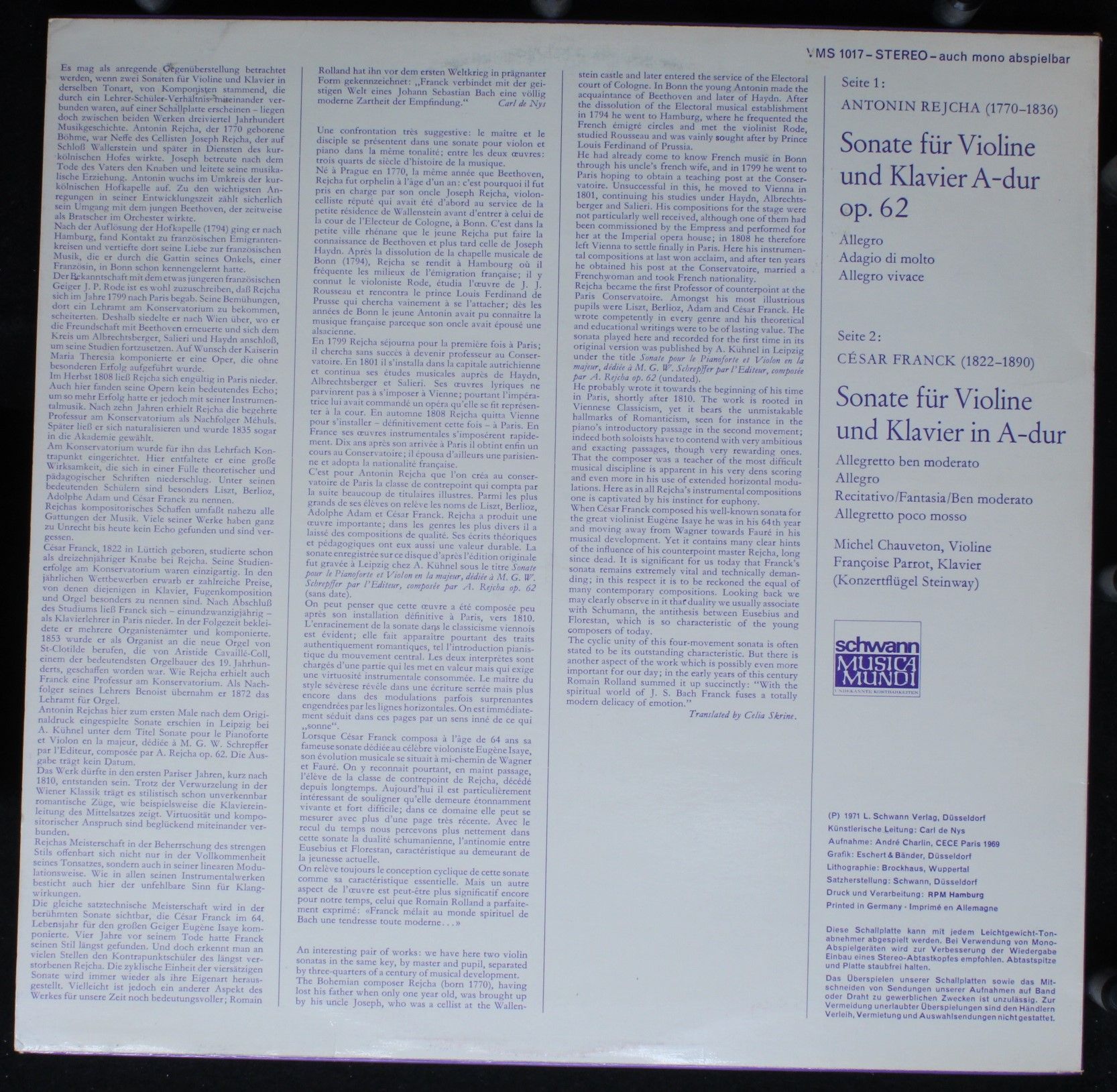 Schwann Musica Mundi VMS 1017 - Anton Reicha, César Franck, Mich - Image 2