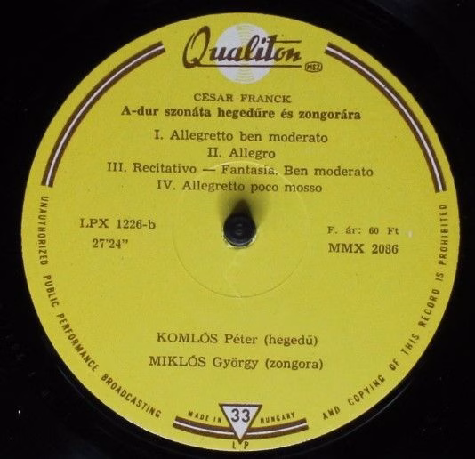 Qualiton LPX 1226 - Péter Komlós, György Miklós, César Franck, M - Image 4