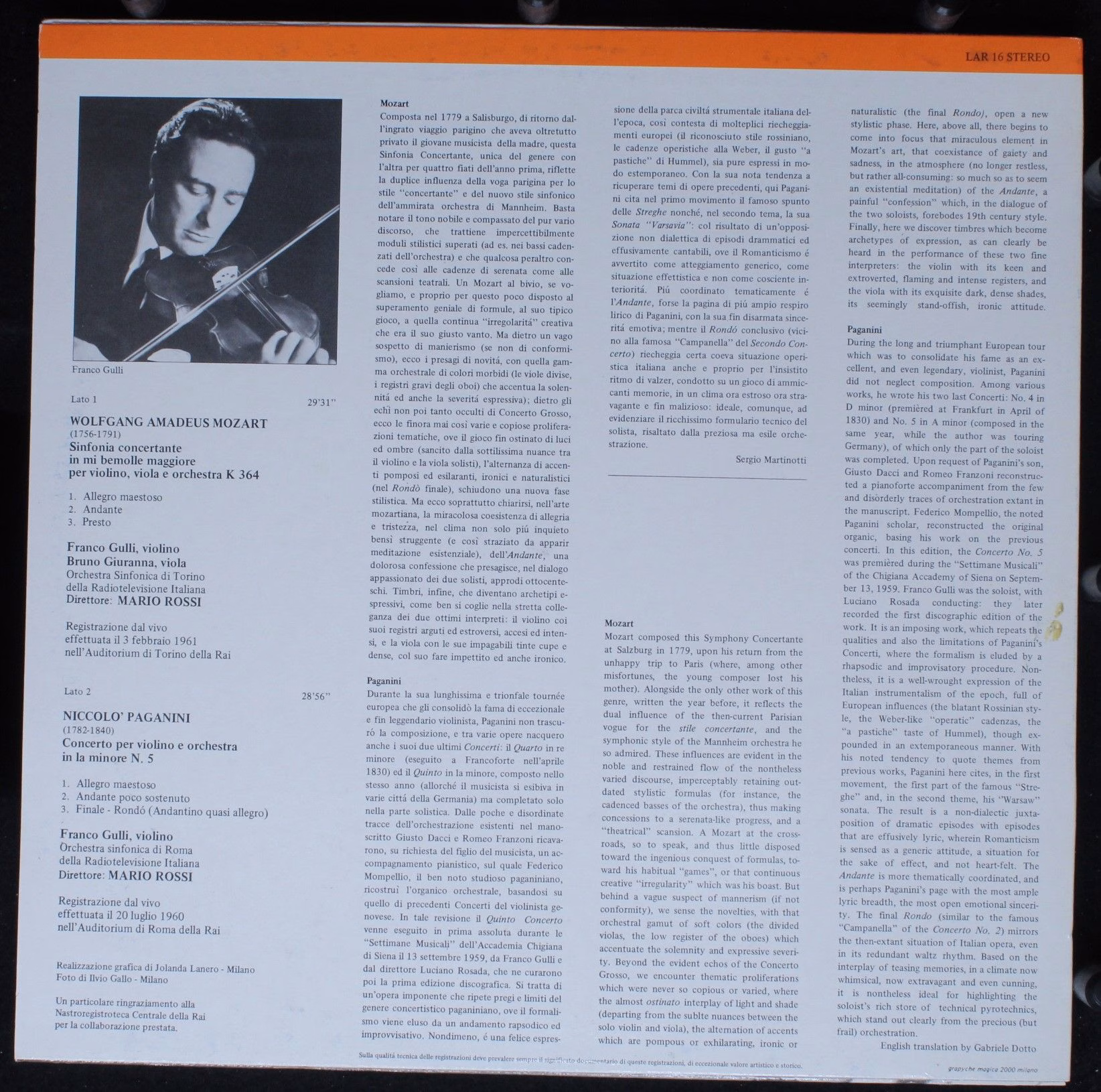 Archivio Rai LAR 16 - Wolfgang Amadeus Mozart, Niccolò Paganini, - Image 2