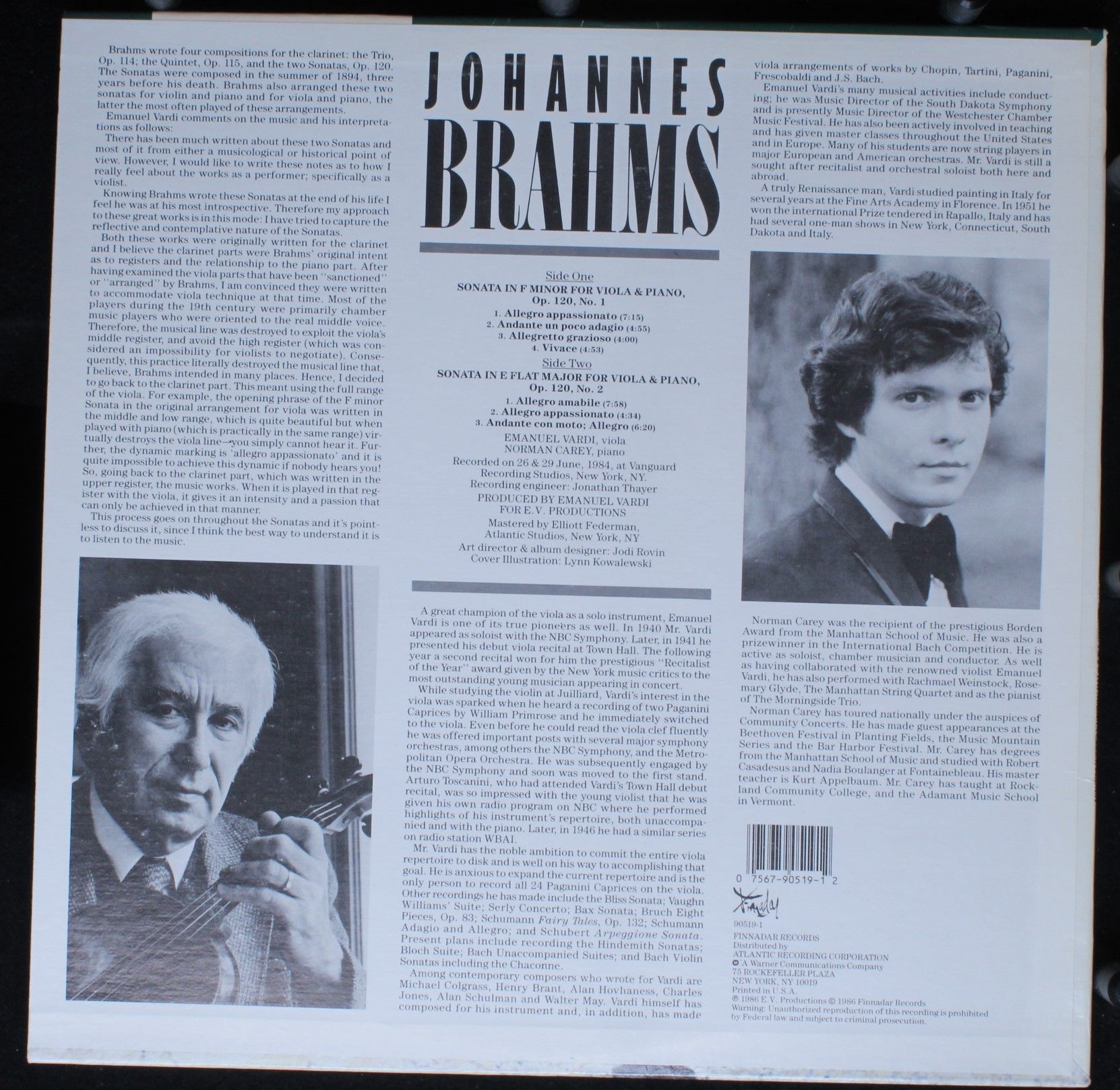 Finnadar Records 90519-1 - Emanuel Vardi, Norman Carey - Brahms - Image 2