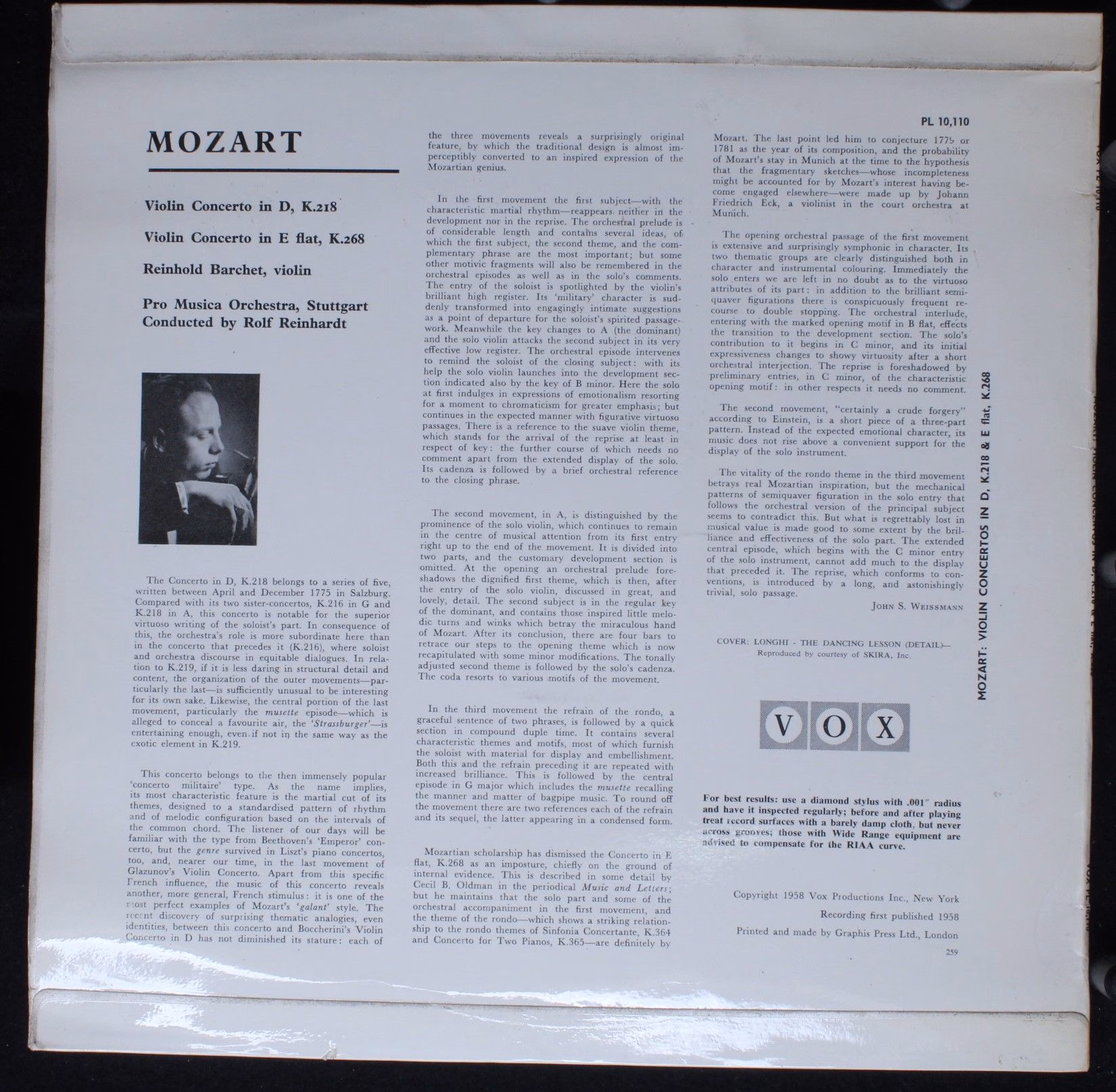 VOX (6) PL 10110 - Wolfgang Amadeus Mozart, Reinhold Barchet, Pr - Image 2