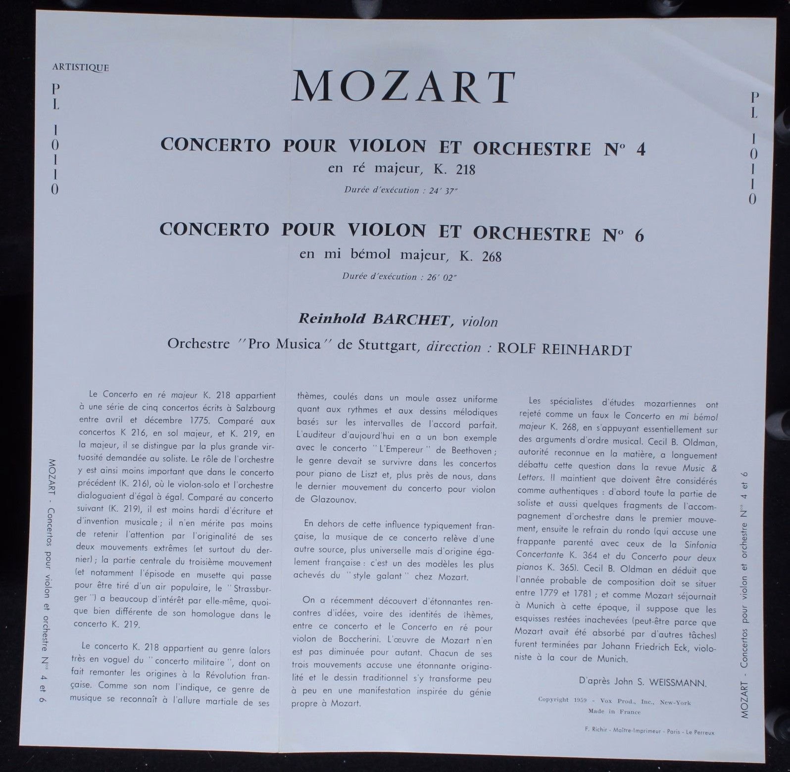 VOX (6) PL 10110 - Wolfgang Amadeus Mozart, Reinhold Barchet, Pr - Image 3
