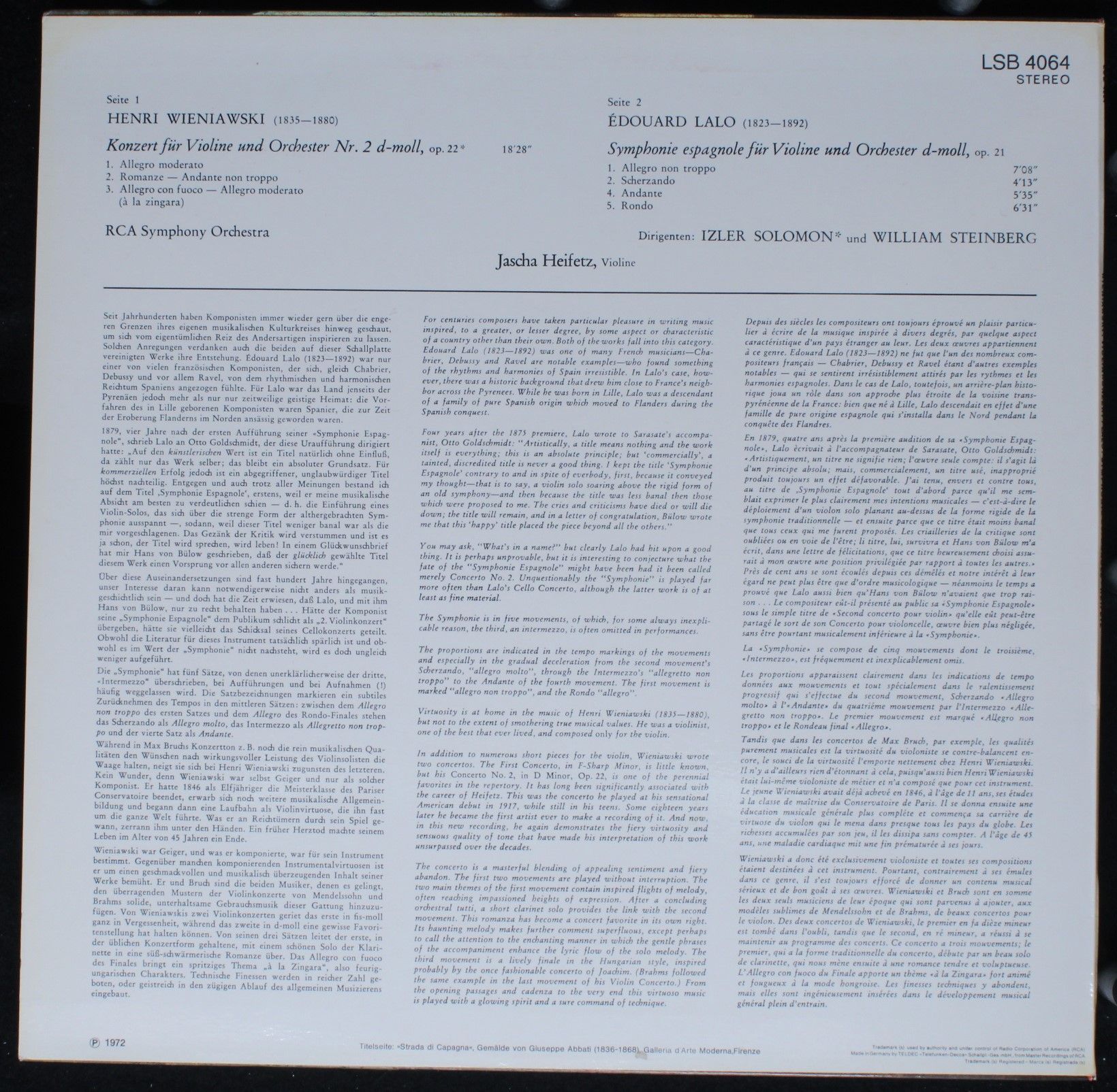 RCA LSB 4064 - Jascha Heifetz, Izler Solomon, William Steinberg - Image 2
