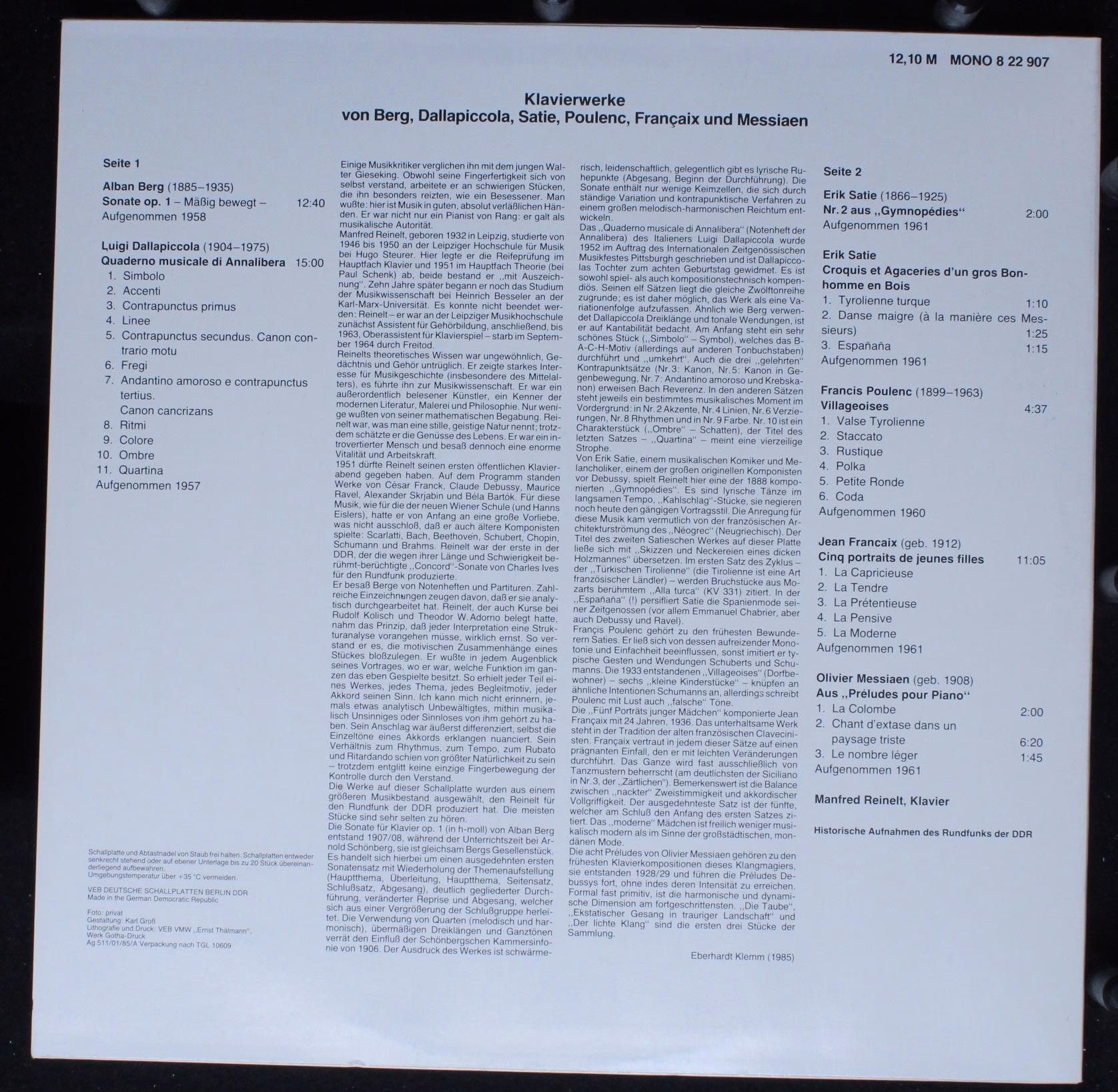 Eterna 8 22 907 - Manfred Reinelt, Alban Berg, Luigi Dallapiccol - Image 3