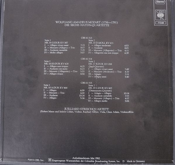 CBS 77349 - Wolfgang Amadeus Mozart, Juilliard String Quartet - - Image 2