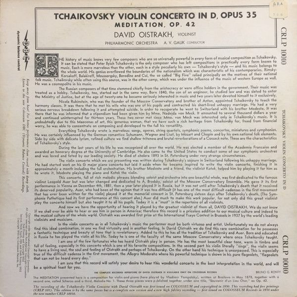 Colosseum (4) CRLP 10010 - Pyotr Ilyich Tchaikovsky, David Oistr - Image 2