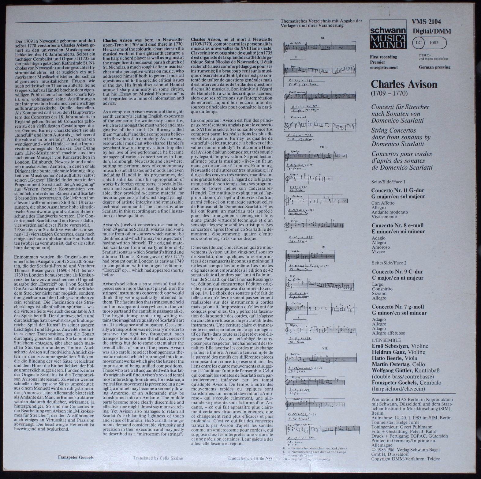 Schwann Musica Mundi VMS 2104 - Charles Avison - Concerti Nach S - Image 2