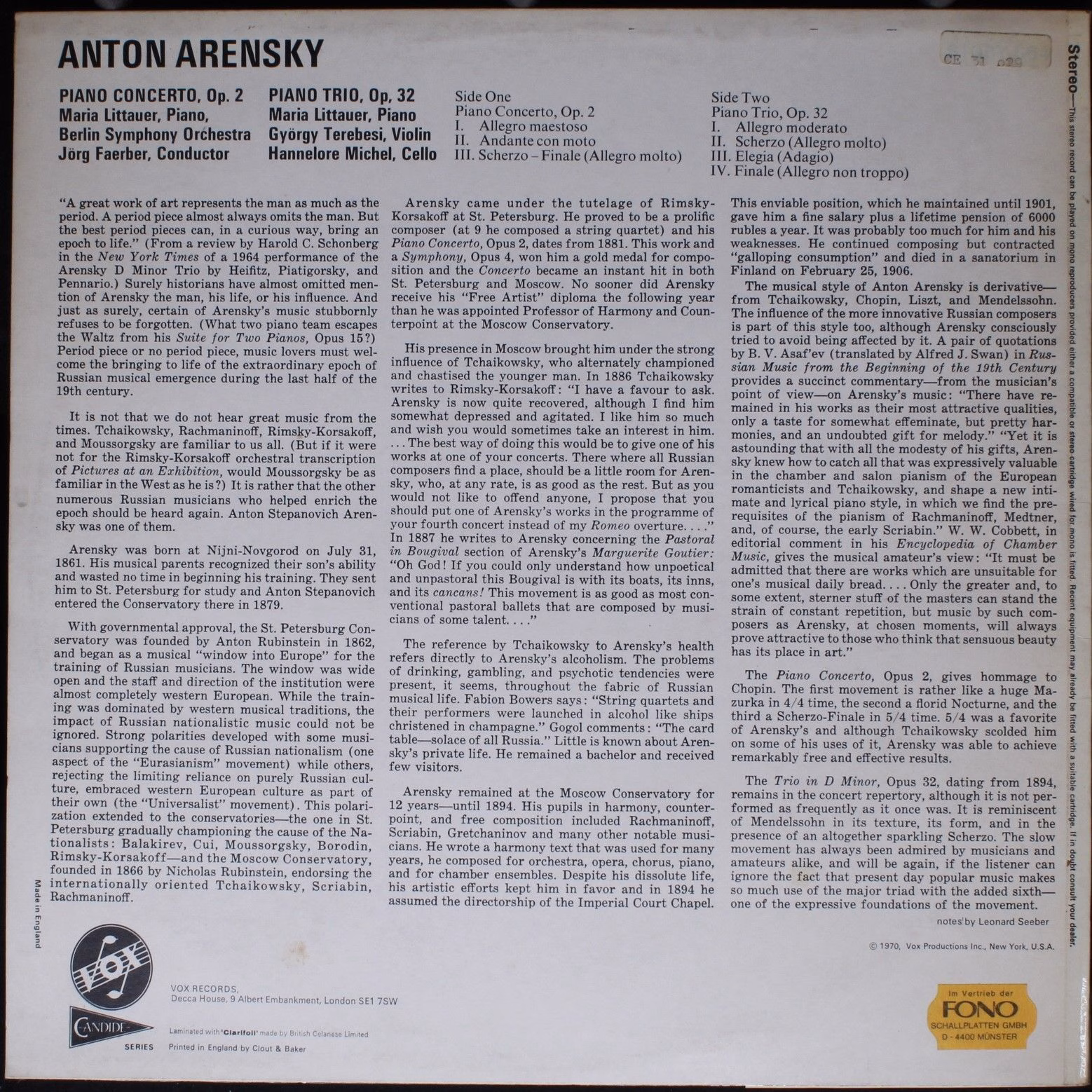 VOX (6) CE 31 029 - Anton Stepanovich Arensky - Piano Concerto, - Image 2