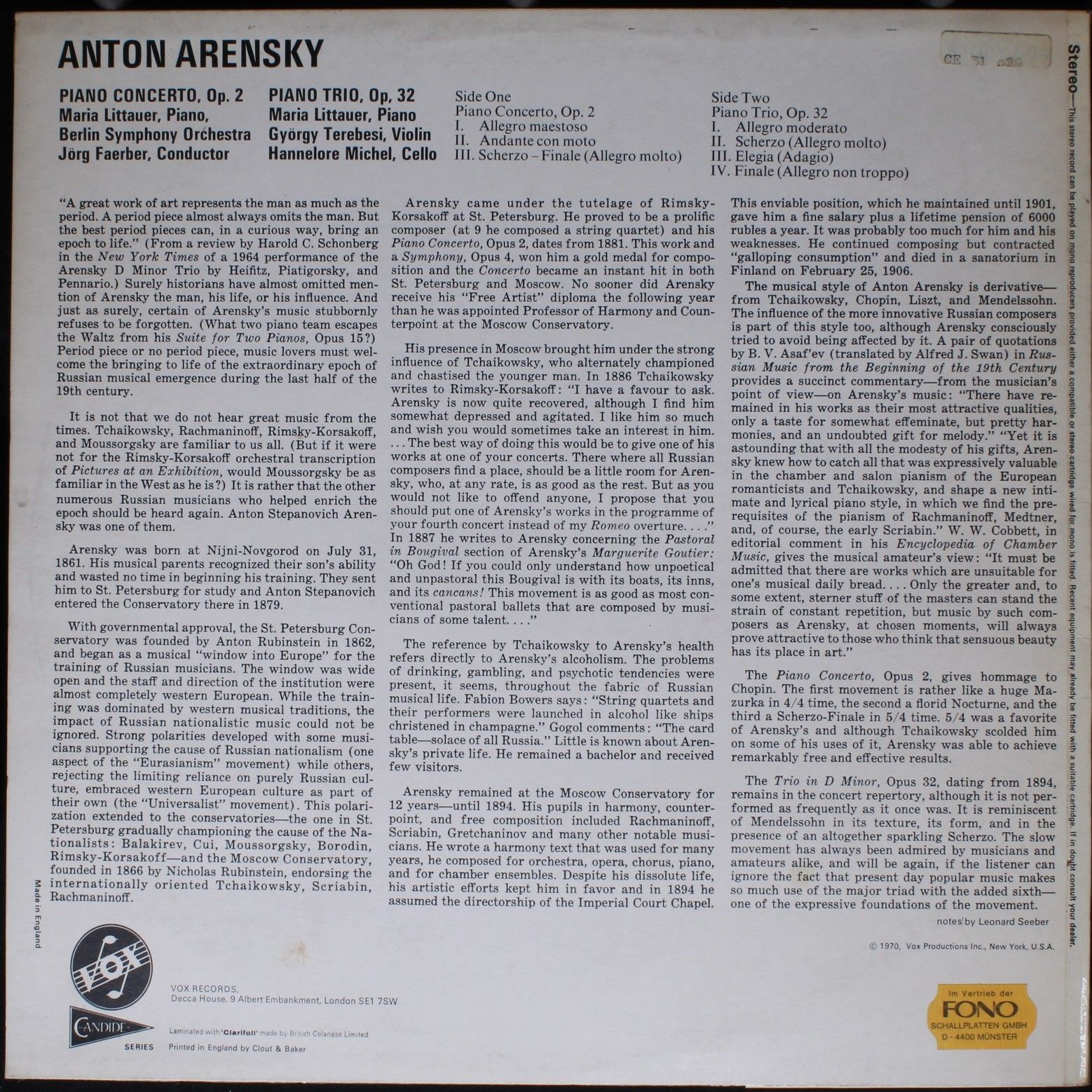 VOX (6) CE 31 029 - Anton Stepanovich Arensky - Piano Concerto, - Image 2