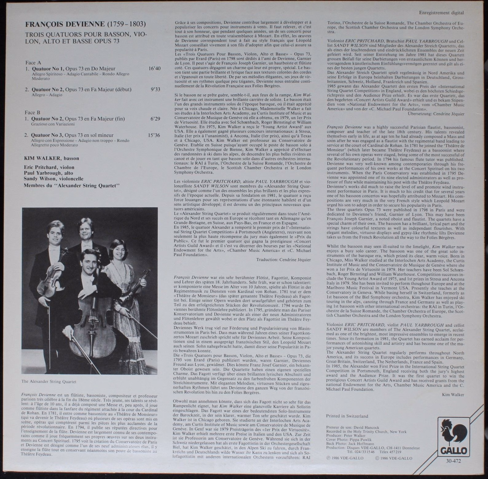 Gallo (4) 30-472 - François Devienne - Trois Quatuors Pour Basso - Image 2