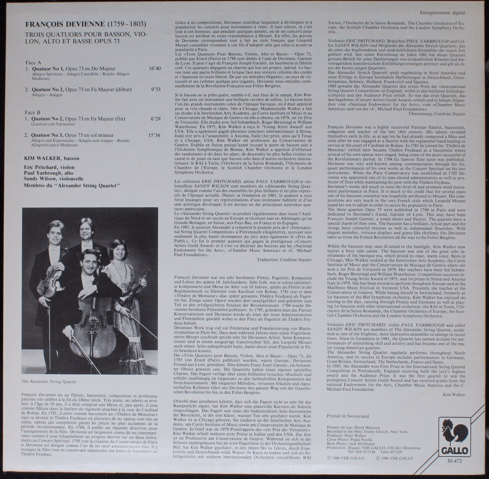 Gallo (4) 30-472 - François Devienne - Trois Quatuors Pour Basso - Image 2