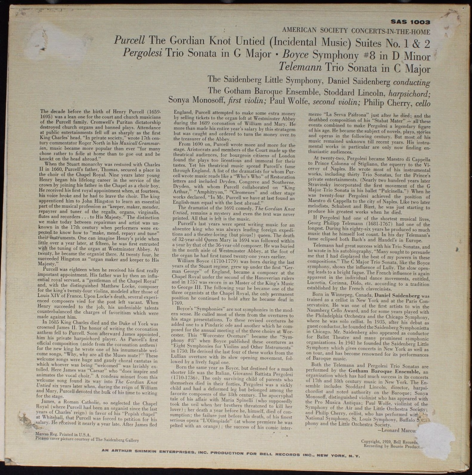 American Society SAS 1003 - Henry Purcell, Giovanni Battista Per - Image 2