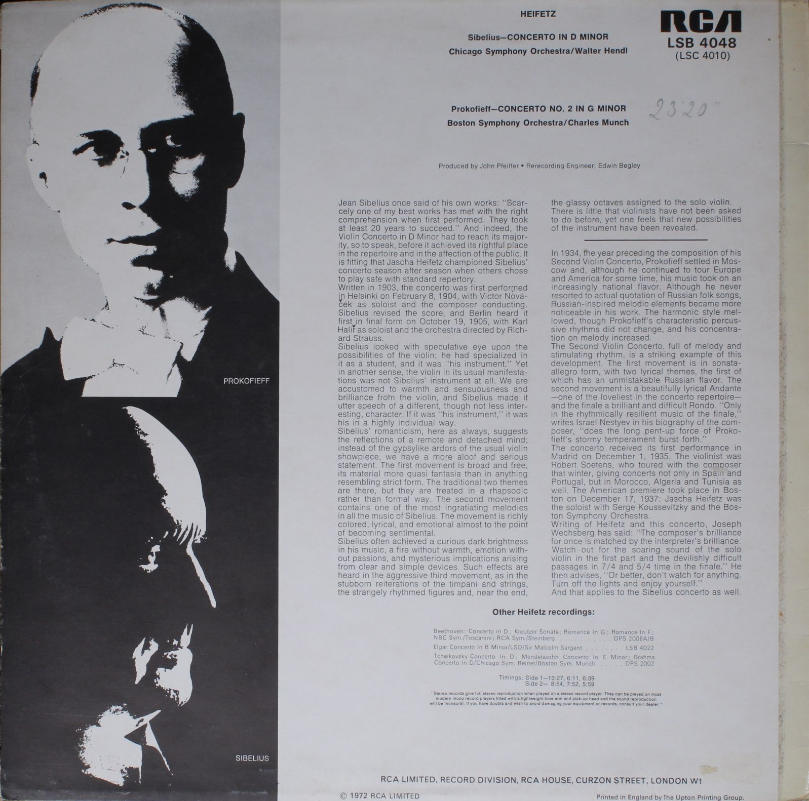 RCA Red Seal LSC 4010 - Jean Sibelius, Sergei Prokofiev, Jascha - Image 2