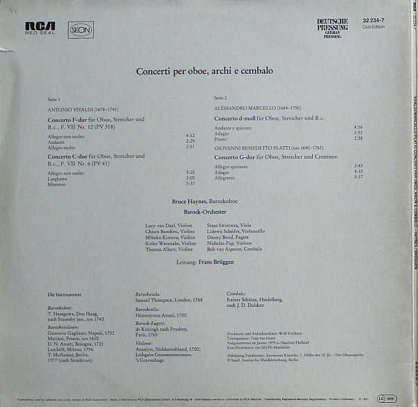 RCA Red Seal 32 234-7 - Bruce Haynes, Frans Brüggen - Concerti P - Image 2