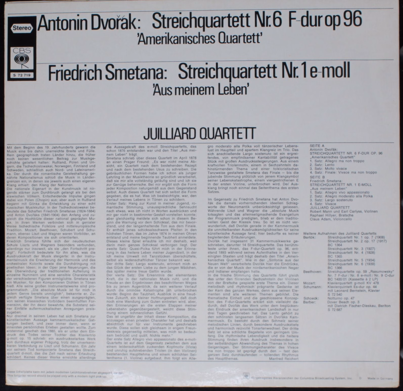 CBS S 72 719 - Antonín Dvořák, Bedřich Smetana, Juilliard String - Image 2