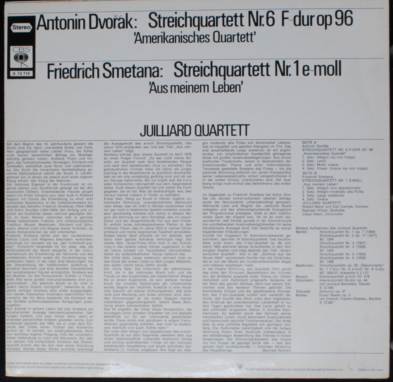 CBS S 72 719 - Antonín Dvořák, Bedřich Smetana, Juilliard String - Image 2