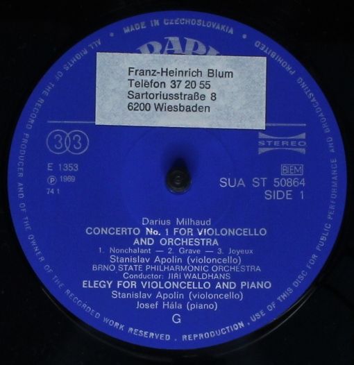 Supraphon SUA 10864 - Darius Milhaud, Stanislav Apolín - Cello C - Image 3
