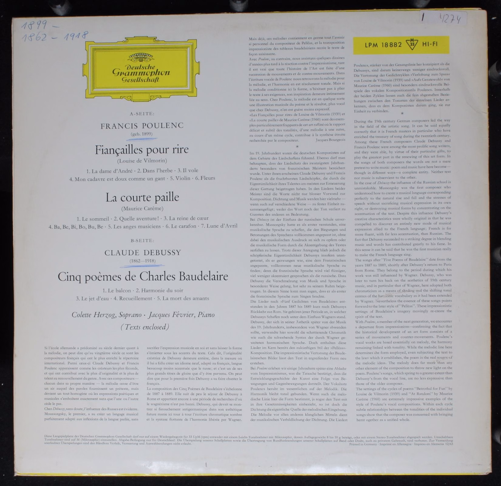 Deutsche Grammophon LPM 18 882 - Francis Poulenc, Claude Debussy - Image 2