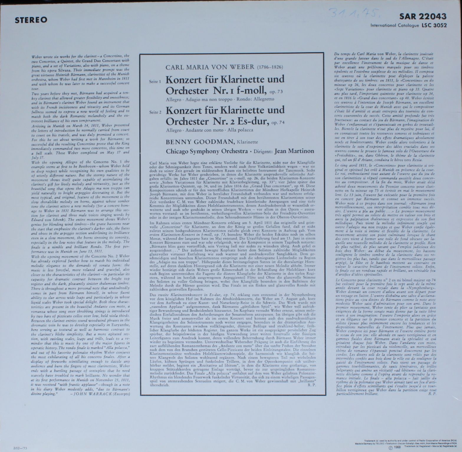 RCA Red Seal SAR 22043 - Carl Maria von Weber, Benny Goodman, Ch - Image 2