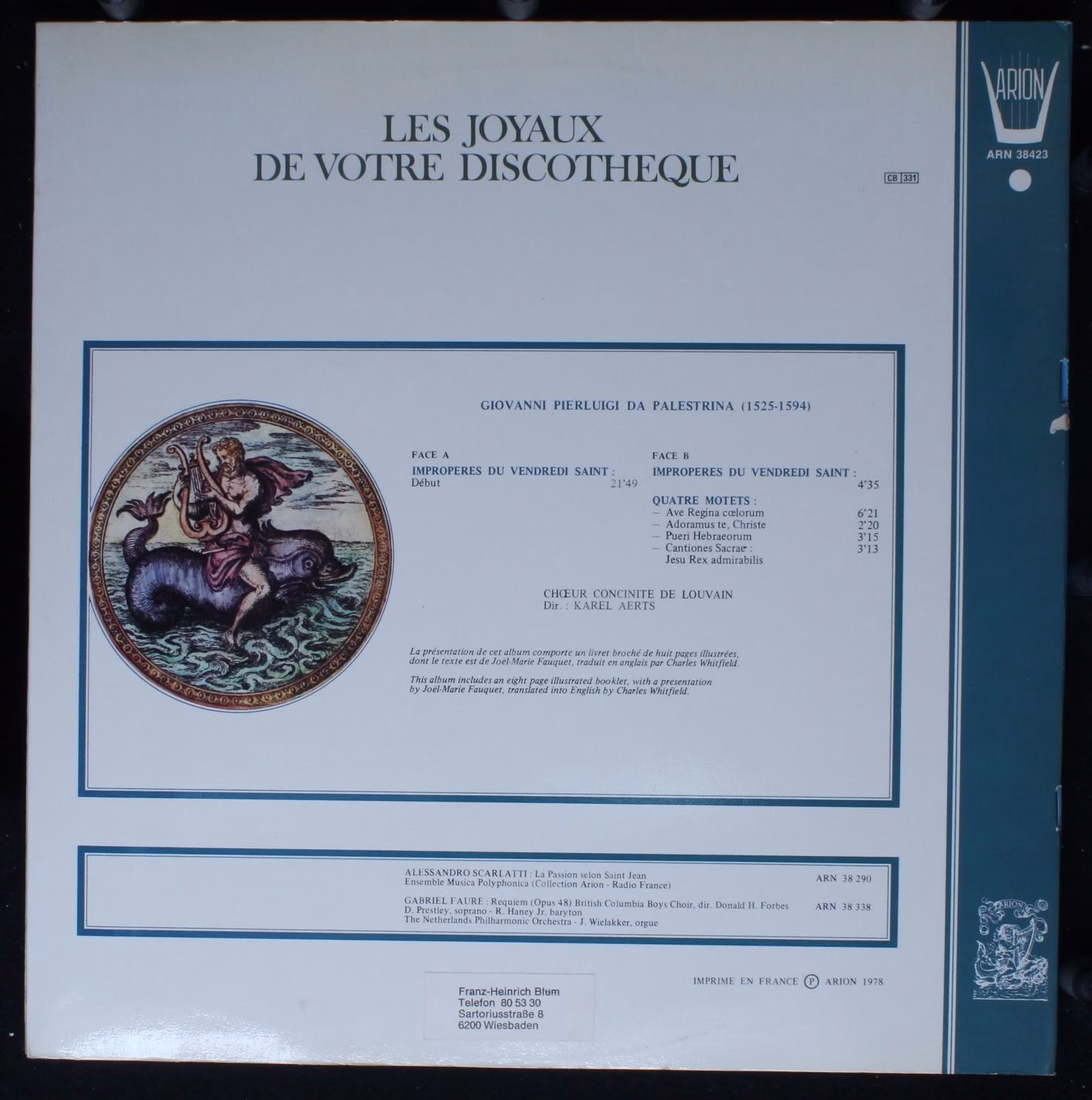 ARION ARN 38423 - Giovanni Pierluigi da Palestrina, Chorale Conc - Image 2