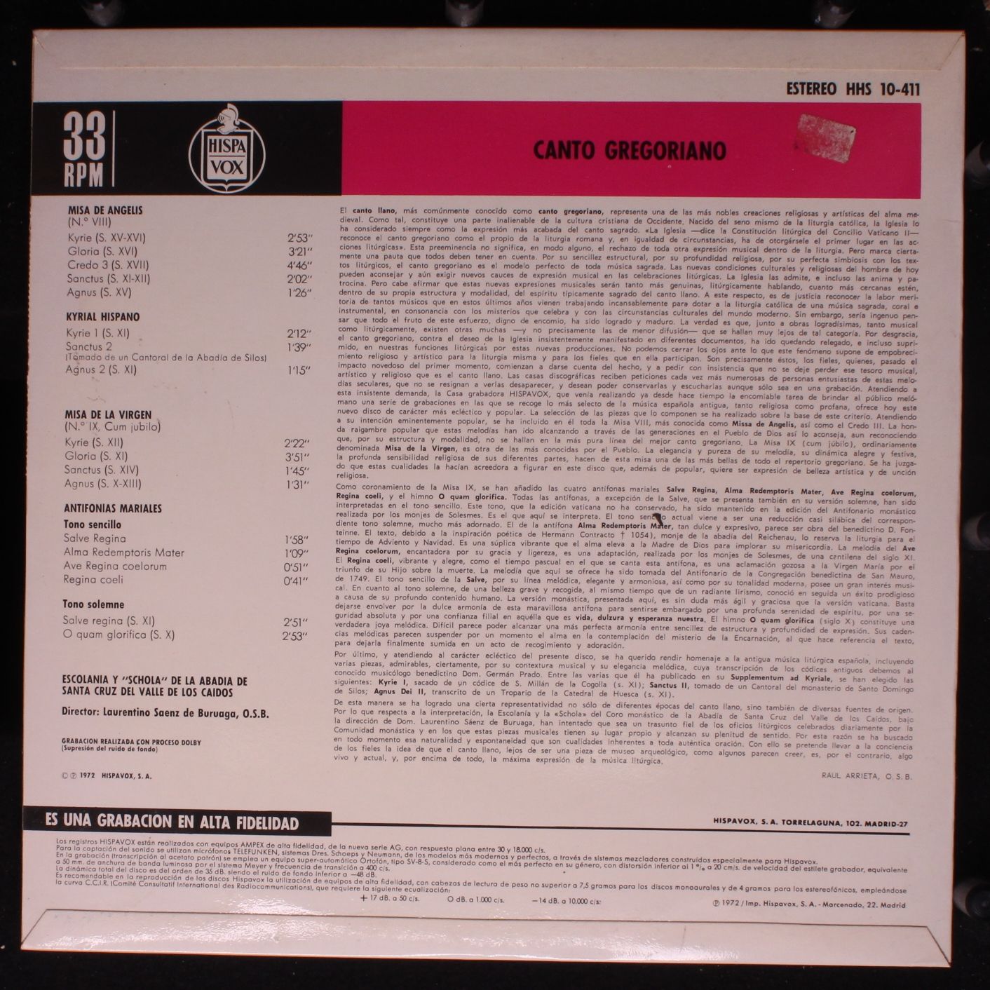 Hispavox HHS 10-411 - Escolanía De La Abadia De Santa Cruz Del V - Image 2