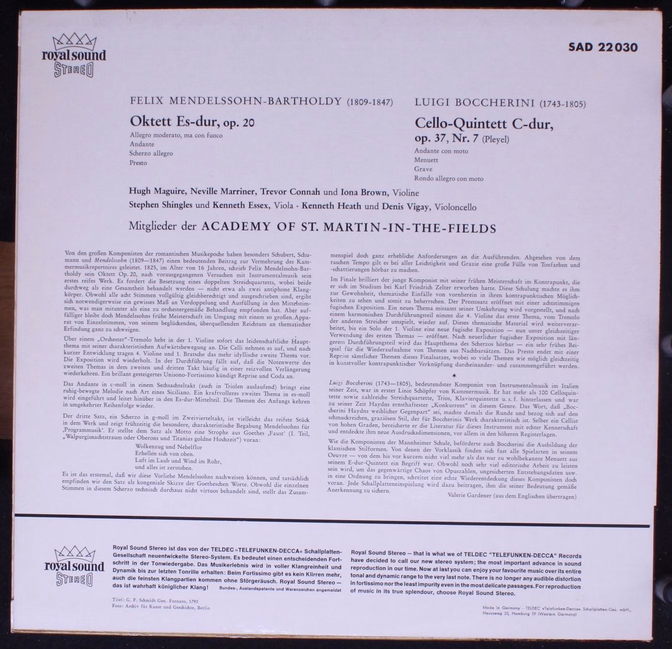 DECCA SAD 22 030 - Felix Mendelssohn-Bartholdy, Luigi Boccherini - Image 2