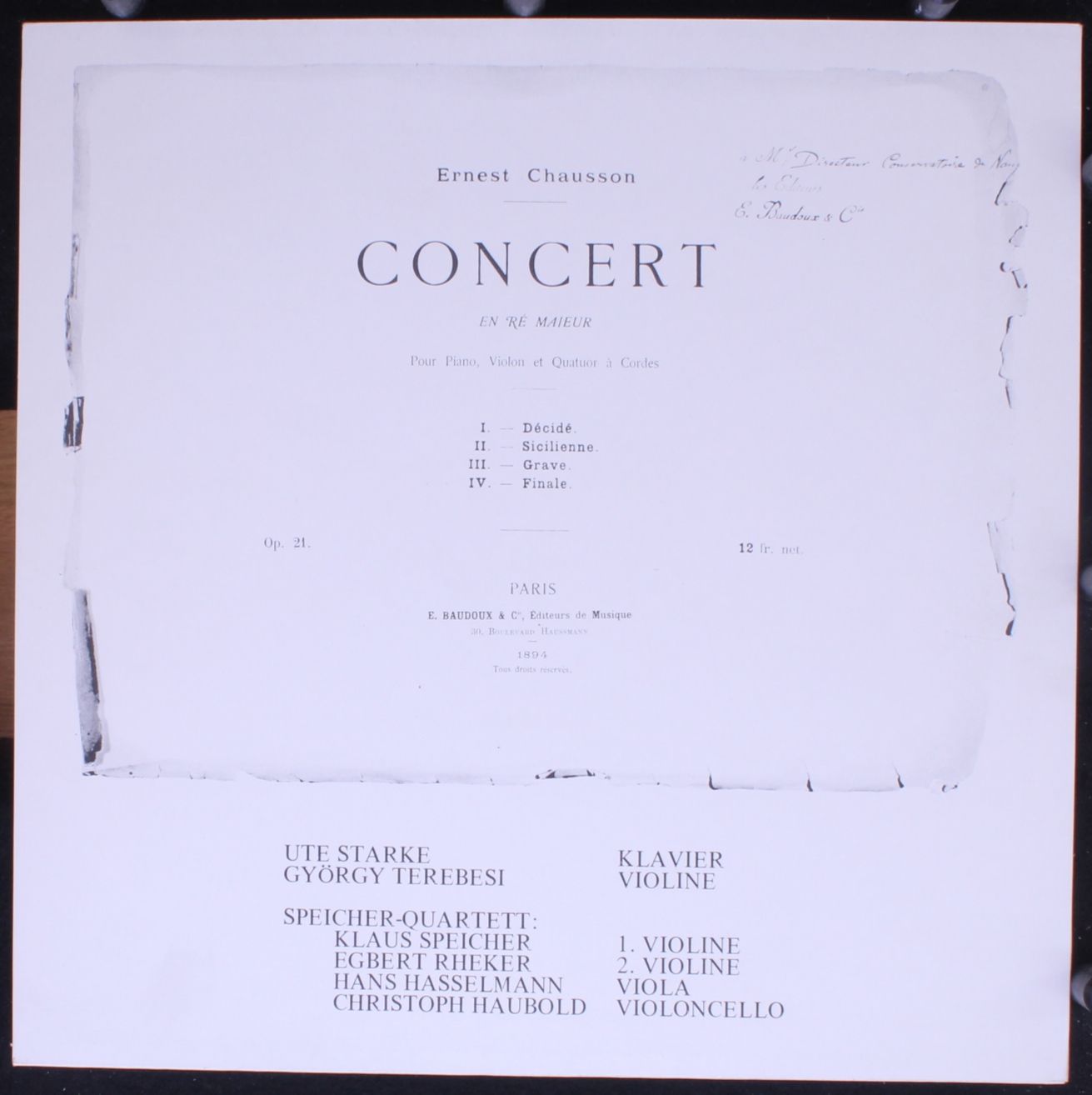 Not On Label SM 99019 DC - Ernest Chausson - Concert En Ré Majeu - Image 2