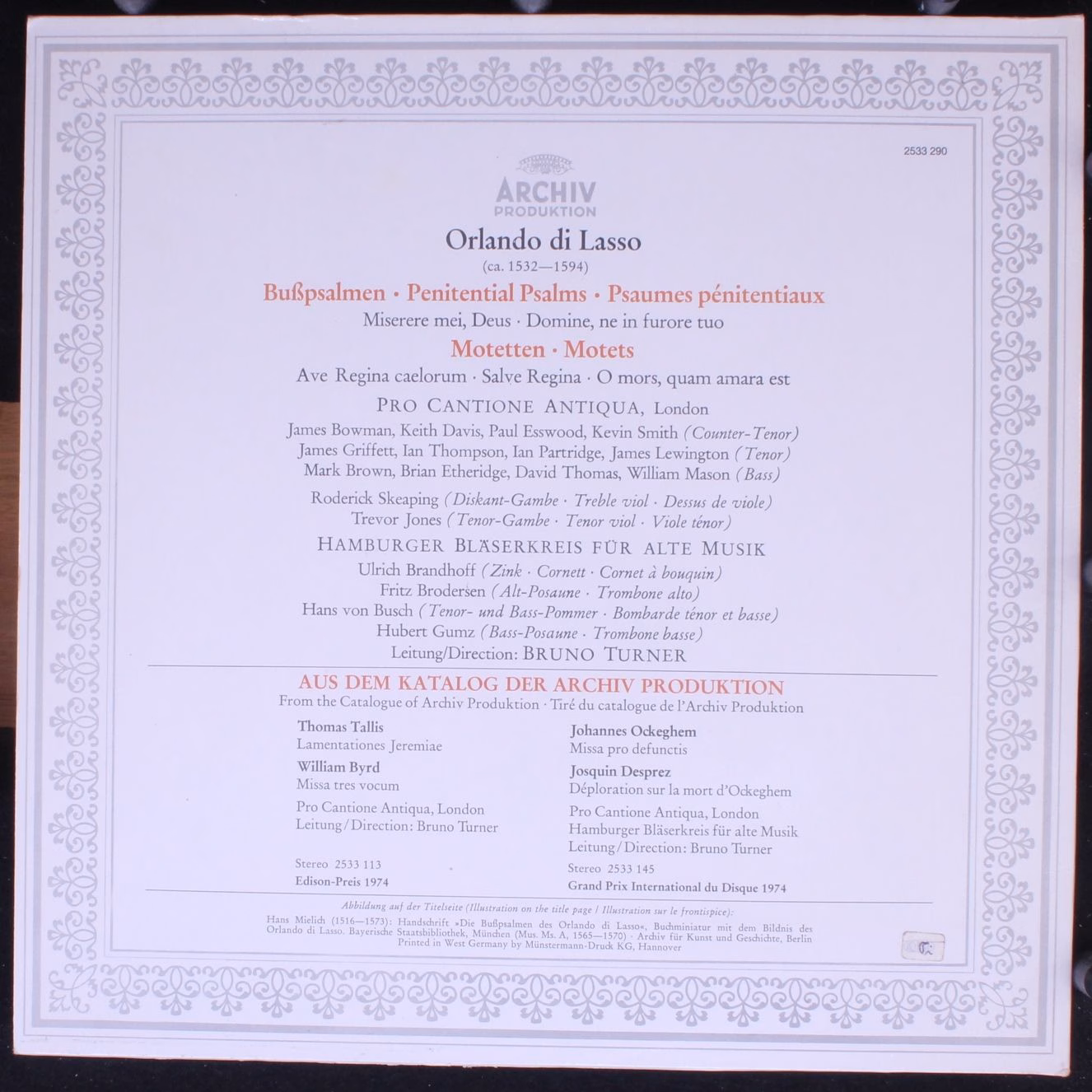 Archiv Produktion 2533 290 - Roland de Lassus, Pro Cantione Anti - Image 4
