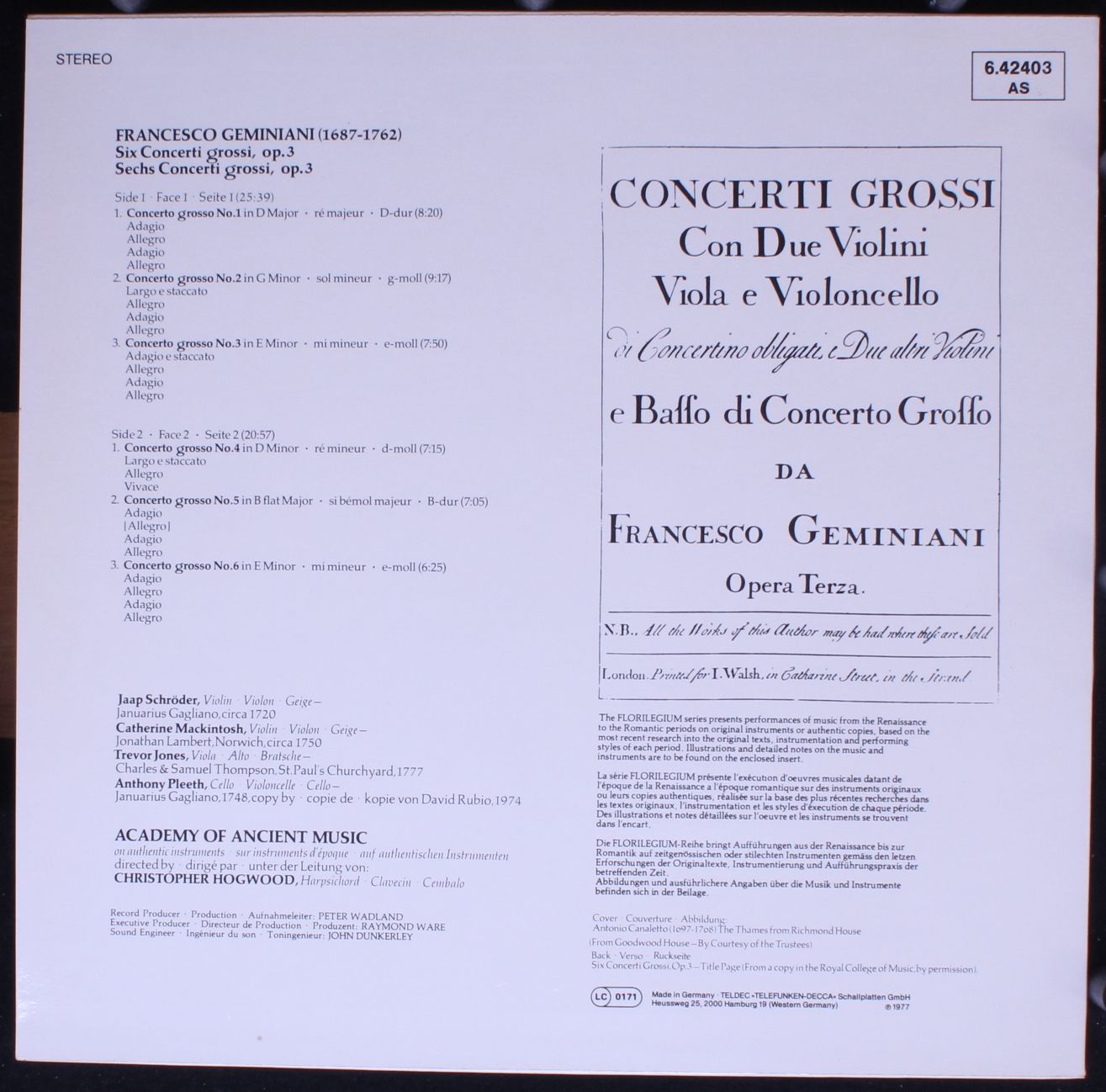 DECCA 6.42403 AS - Francesco Geminiani, Jaap Schröder, The Acade - Image 2
