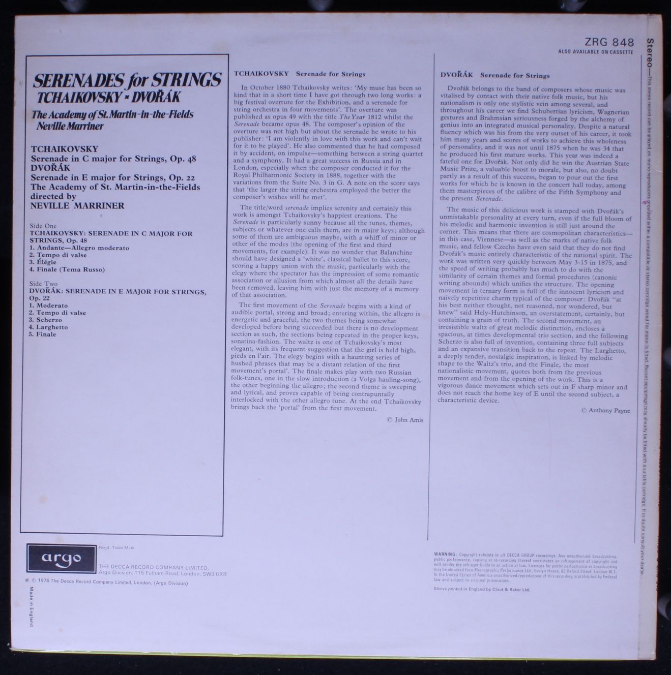 Argo ZRG 848 - Pyotr Ilyich Tchaikovsky, Antonín Dvořák, The Aca - Image 2
