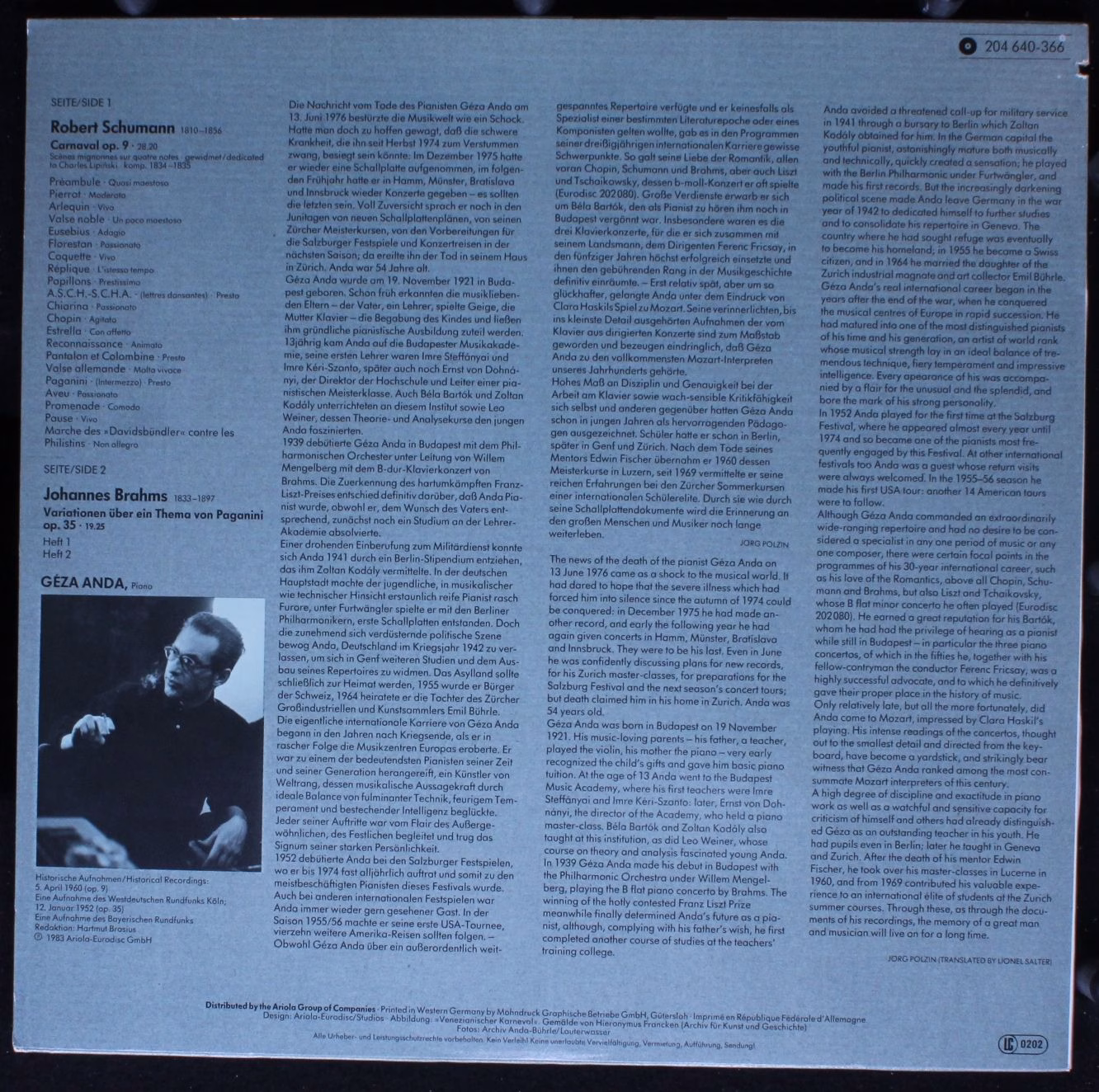 Eurodisc 204 640-366 - Géza Anda, Robert Schumann, Johannes Brah - Image 2