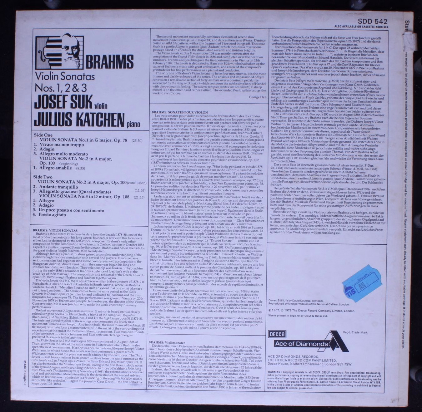 Ace Of Diamonds SDD 542 - Johannes Brahms, Julius Katchen, Josef - Image 2