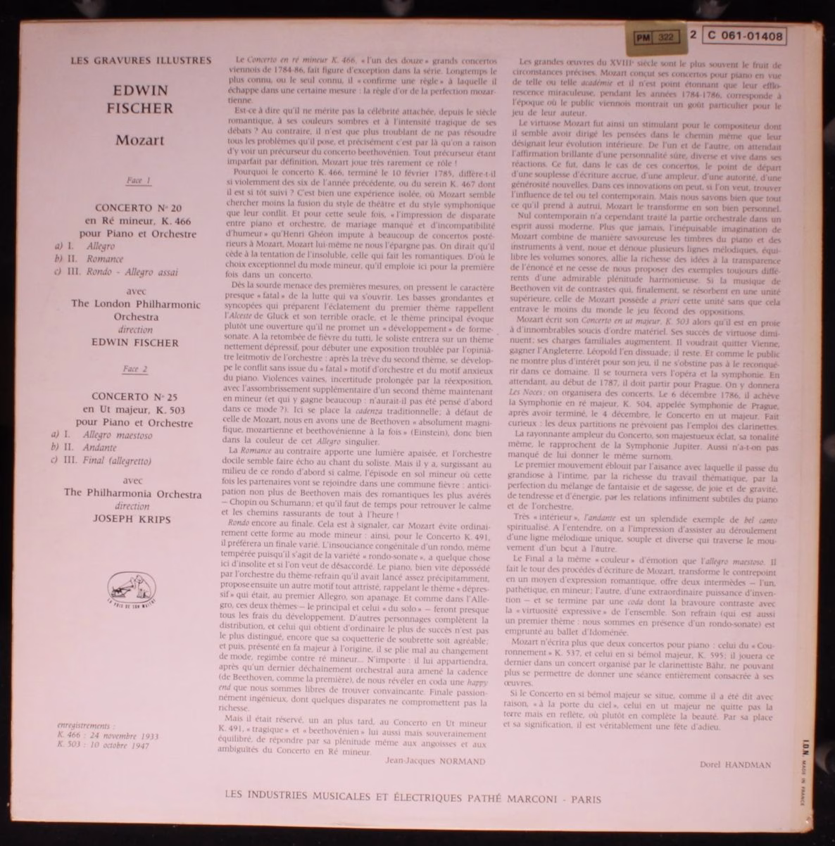 La Voix De Son Maître 2C 061-01408 - Edwin Fischer - Mozart: Con - Image 2