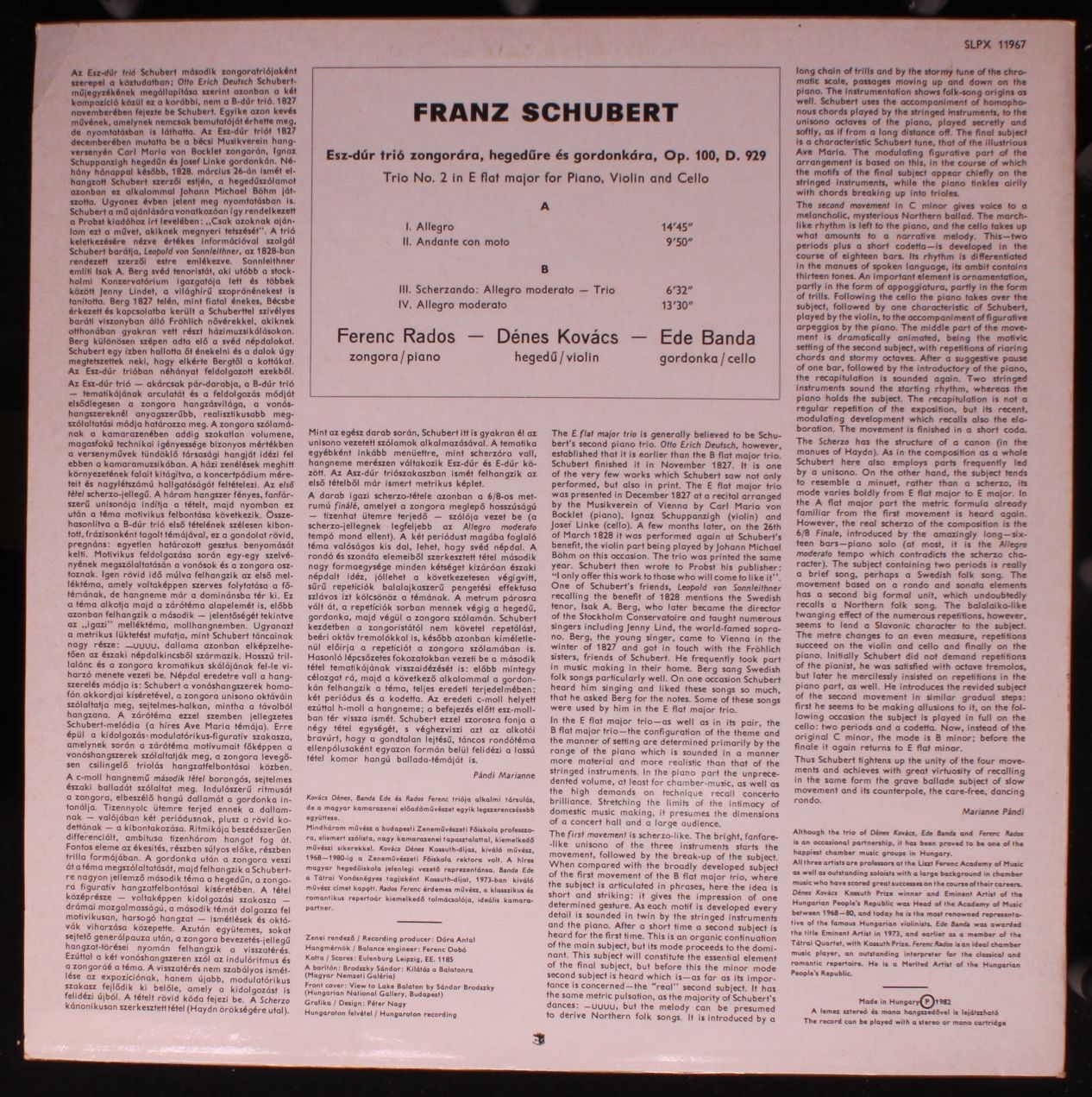 Hungaroton SLPX 11967 - Franz Schubert - Piano Trio In E Flat Ma - Image 2
