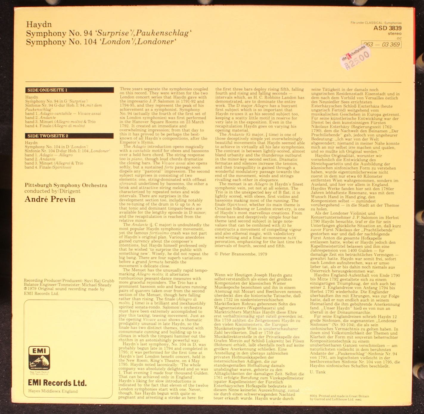 His Master's Voice ASD 3839 - Joseph Haydn, Pittsburgh Symphony - Image 2