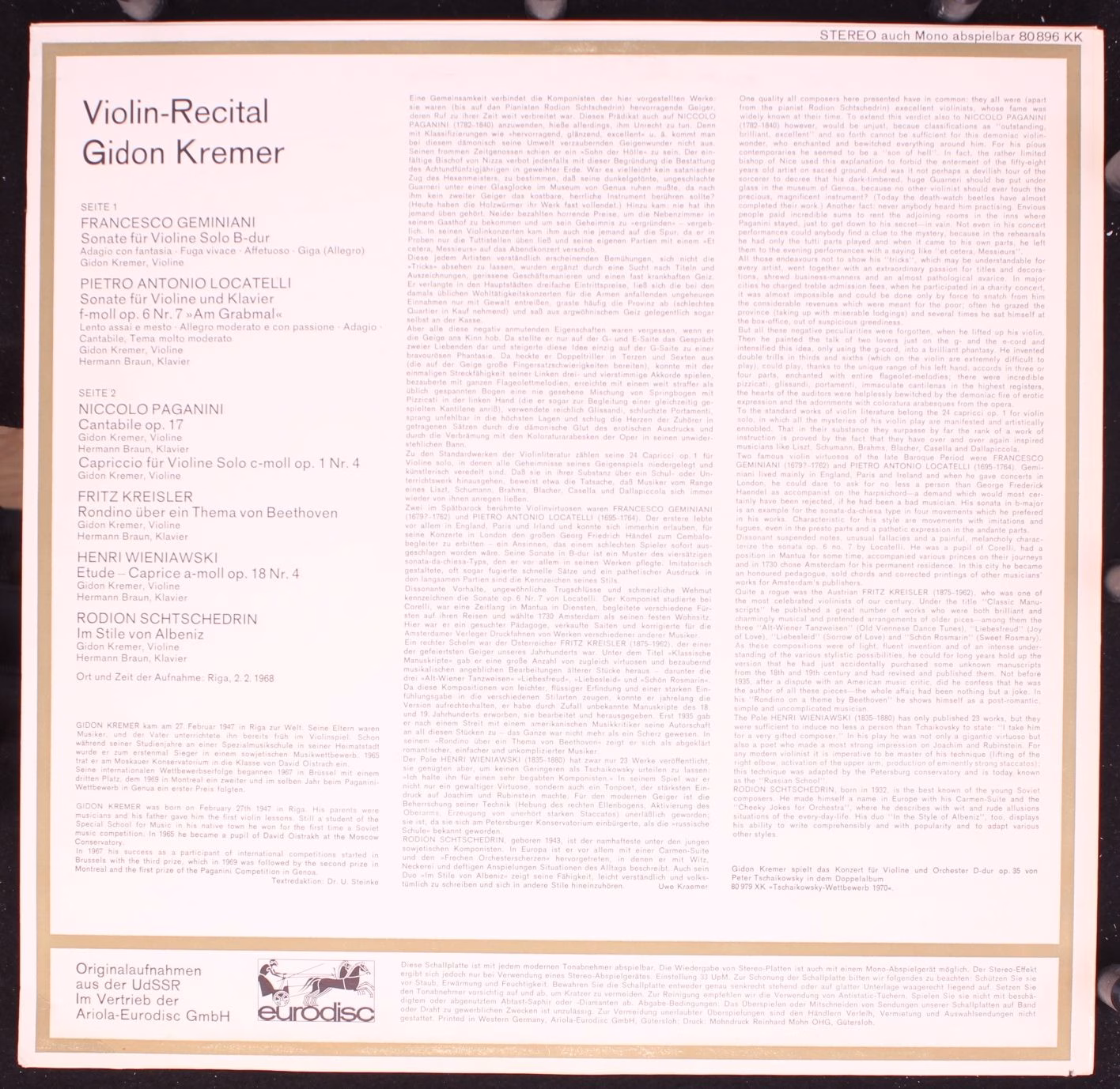 Eurodisc 80 896 KK - Gidon Kremer, Francesco Geminiani, Niccolò - Image 2