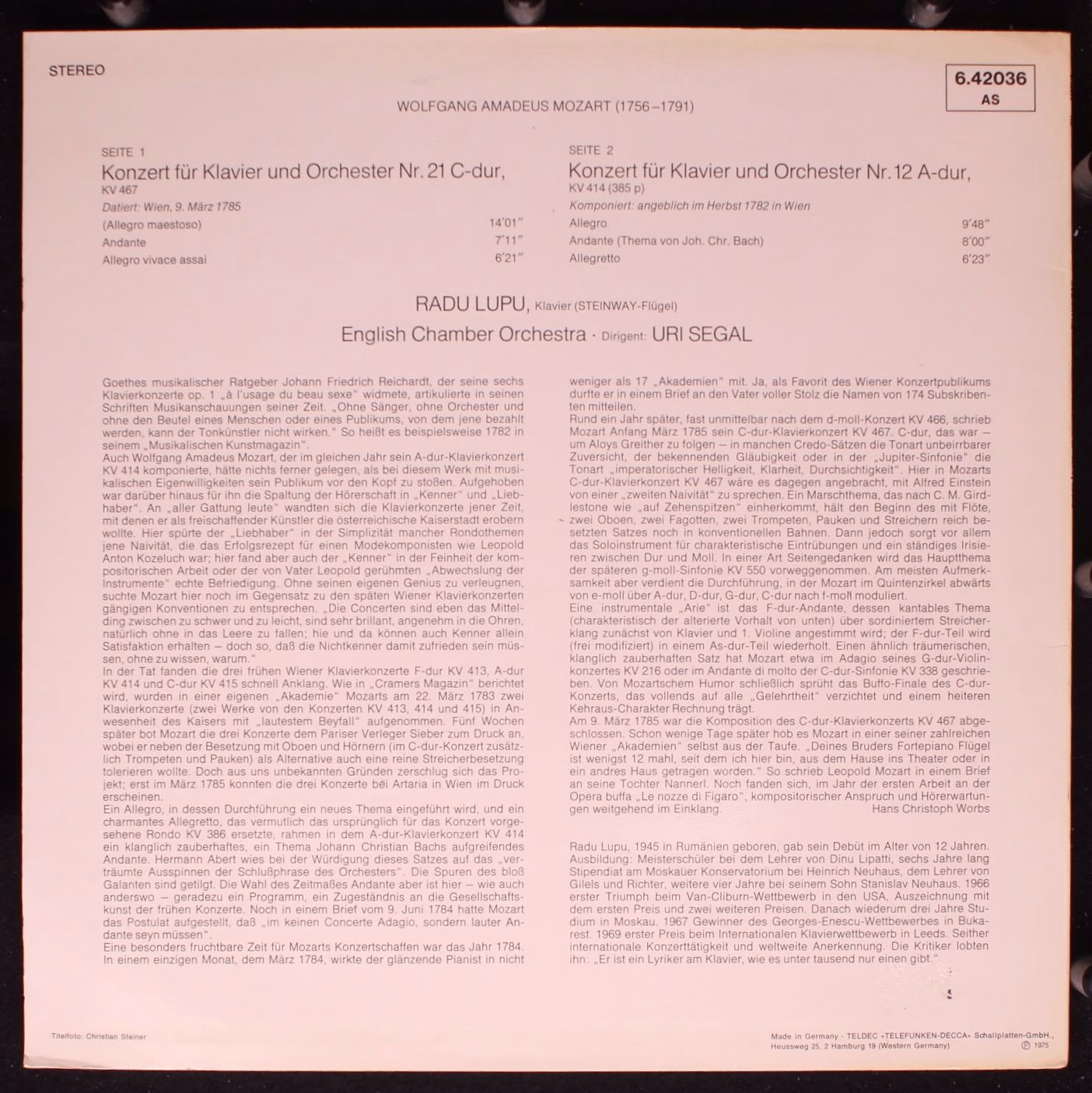 DECCA 6.42036 AS - Wolfgang Amadeus Mozart, Radu Lupu, English C - Image 2