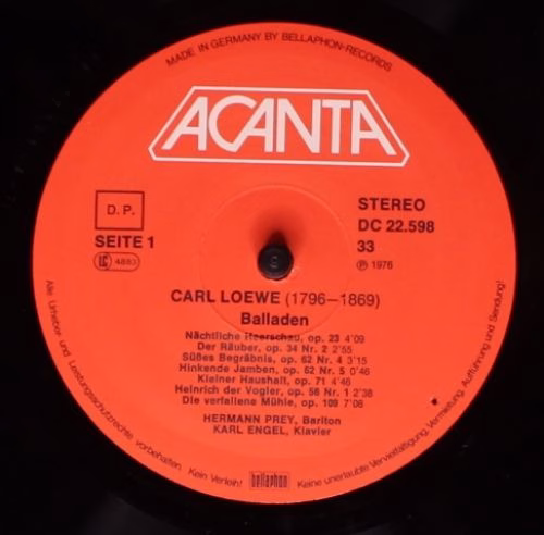 ACANTA DC 22.598 - Carl Loewe, Hermann Prey, Karl Engel - Ballad - Image 3