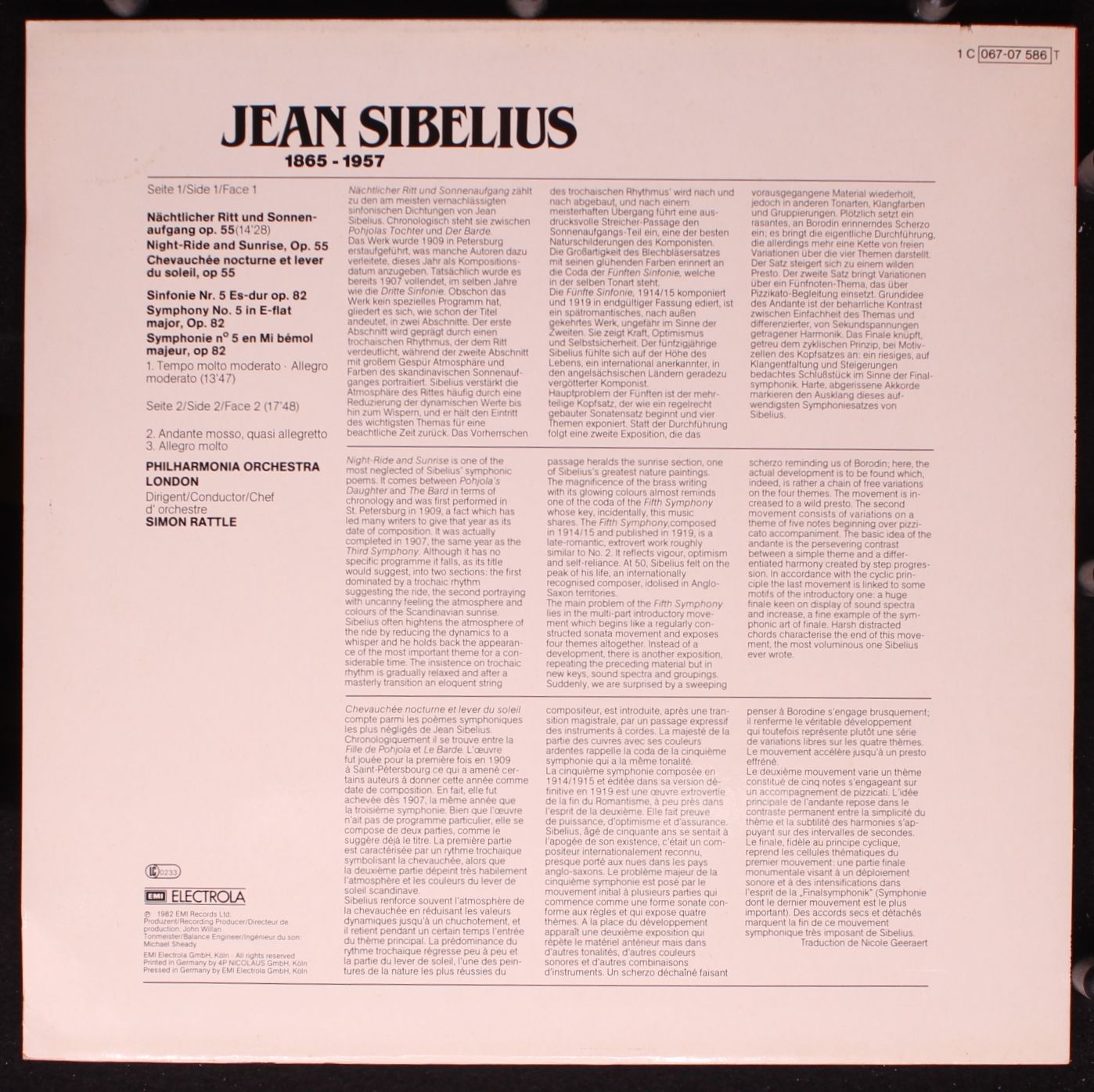 His Master's Voice 1 C 067-07 586 T - Jean Sibelius, Sir Simon R - Image 2
