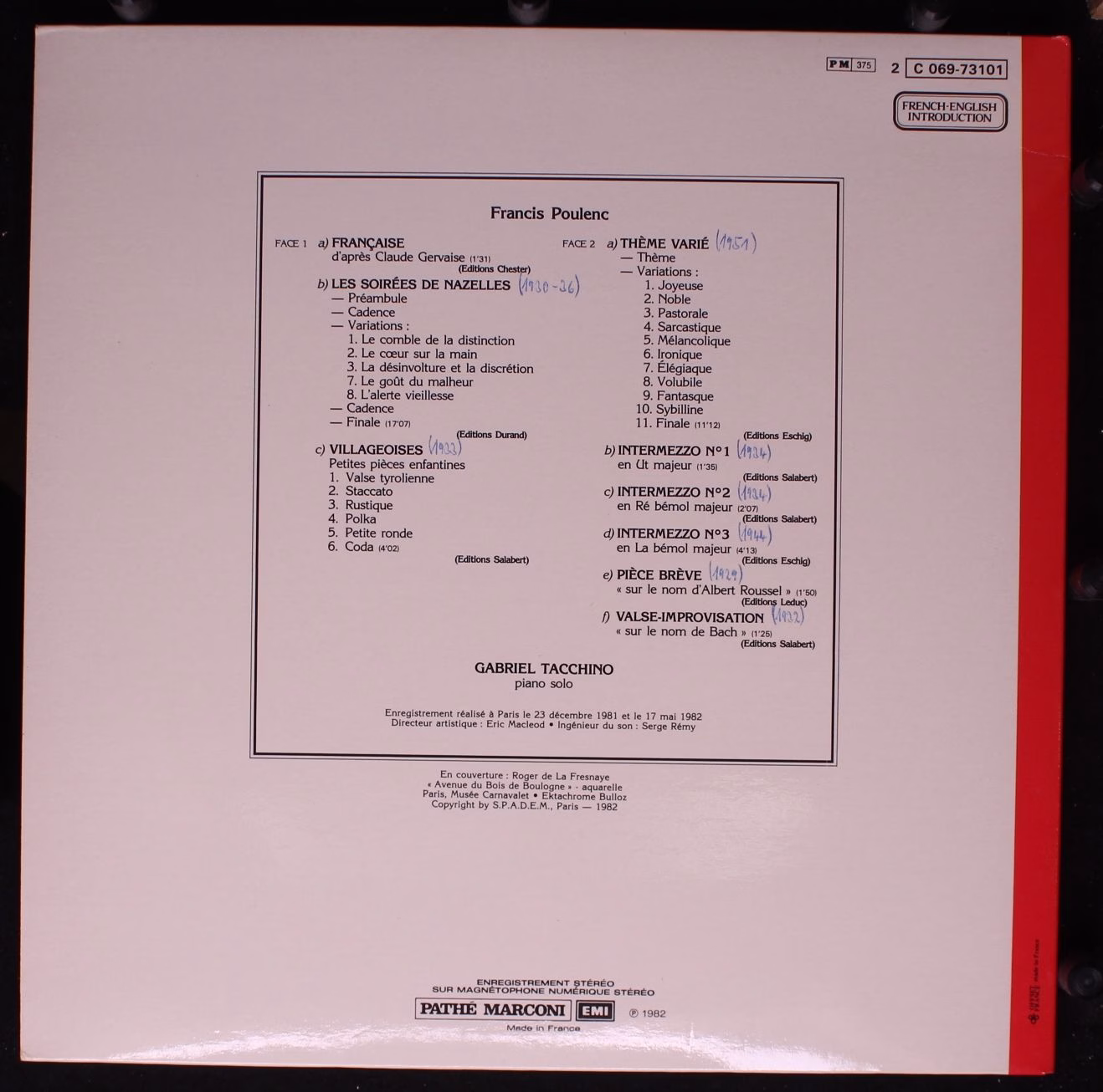 Pathé Marconi EMI 2C 069-73101 - Francis Poulenc, Gabriel Tacchi - Image 4