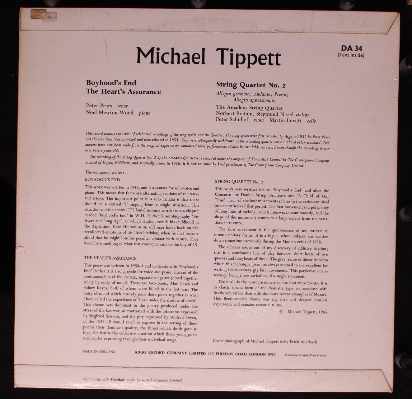 Argo DA 34 - Sir Michael Tippett, Peter Pears, Mewton-Wood, Amad - Image 2
