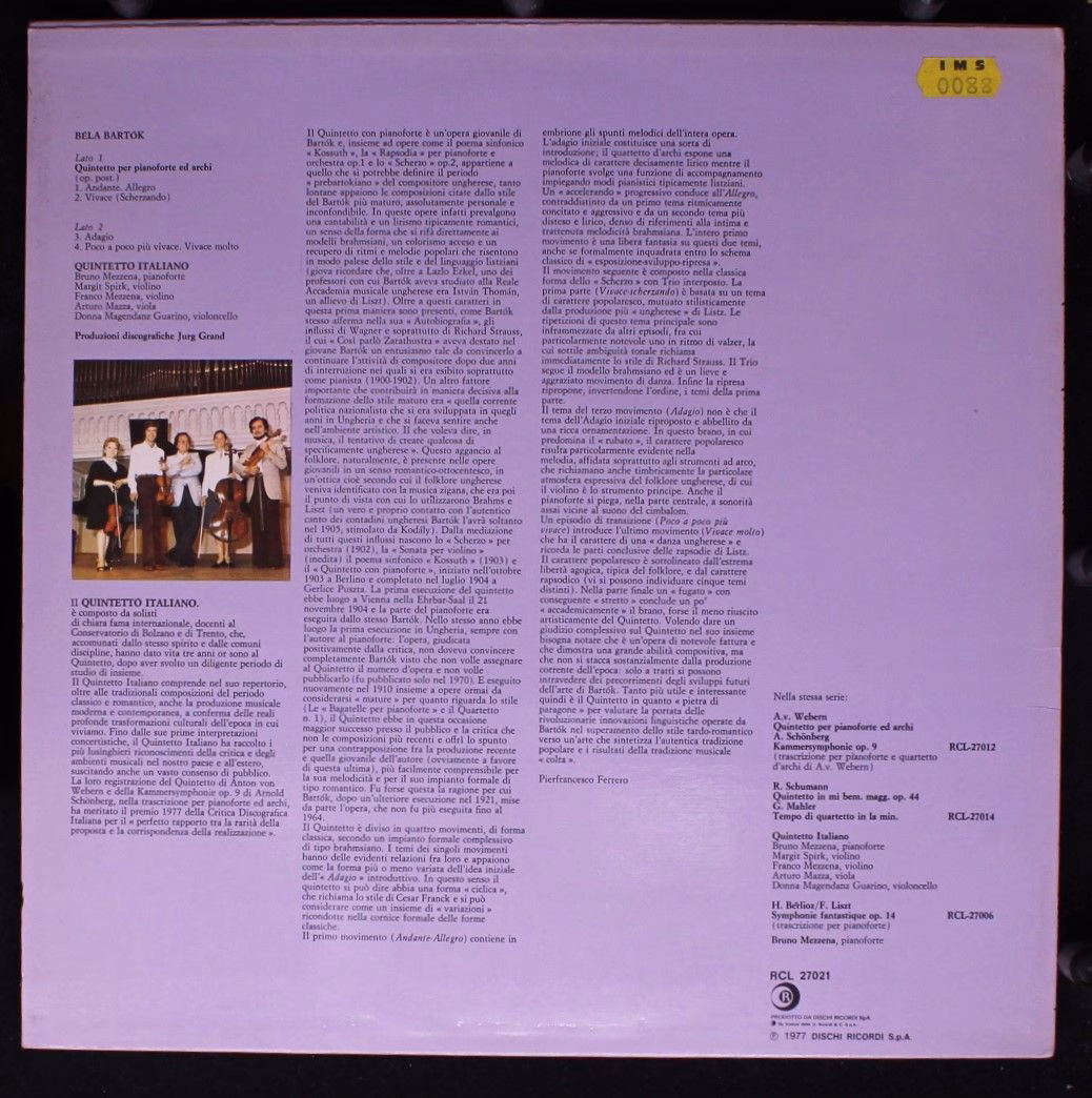 Ricordi RLC 27021 - Quintetto Italiano, Béla Bartók - Quintetto - Image 2